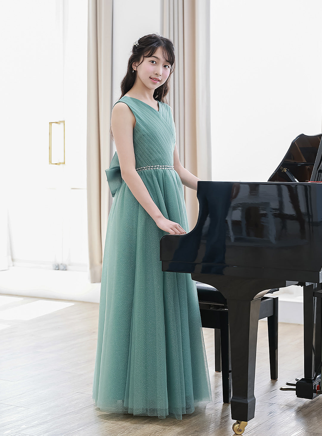 シルバーセージグリーンチュールロングドレス