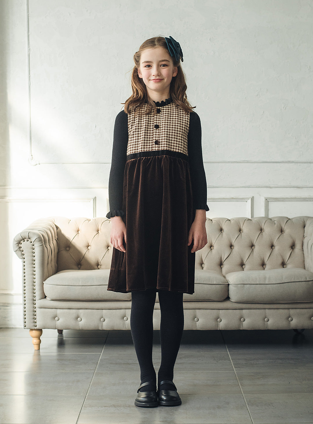 ヘリンボーン×ベロア切り替えワンピース