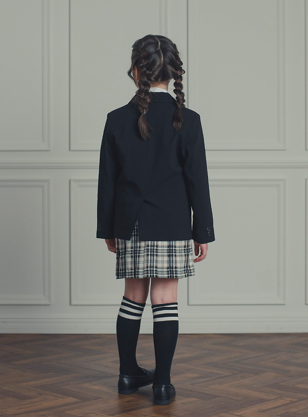 エリスブラックウール混ジャケットチェックスカート2ピースセット(ジャケット、スカート)