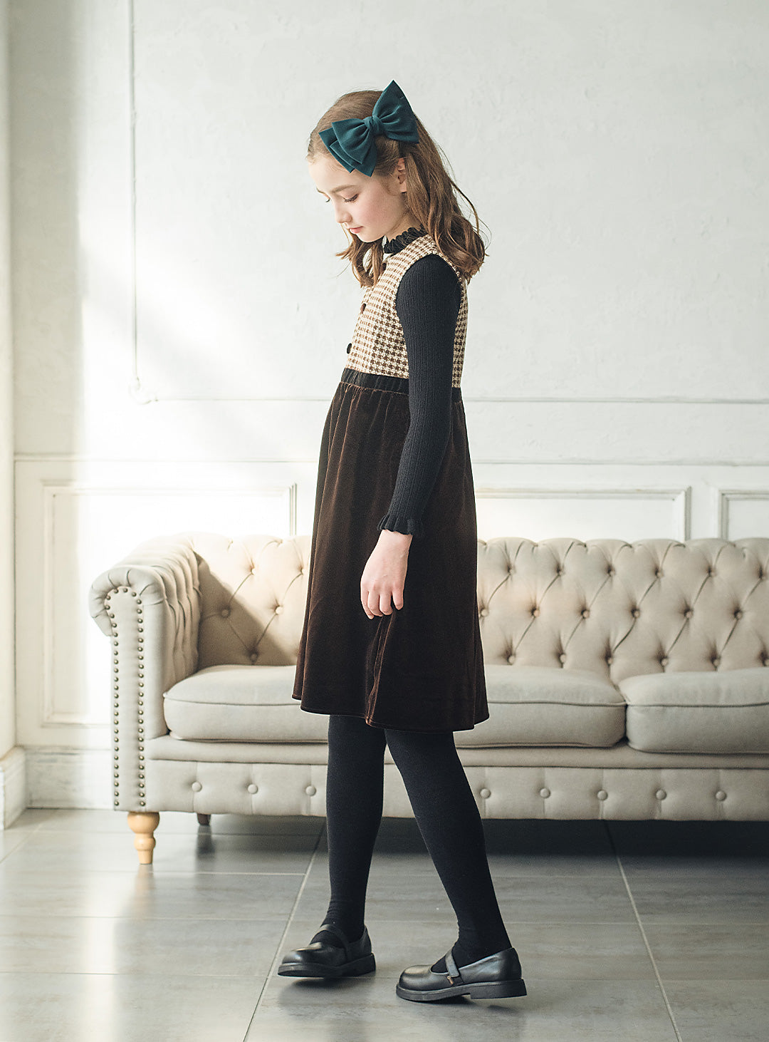 ヘリンボーン×ベロア切り替えワンピース