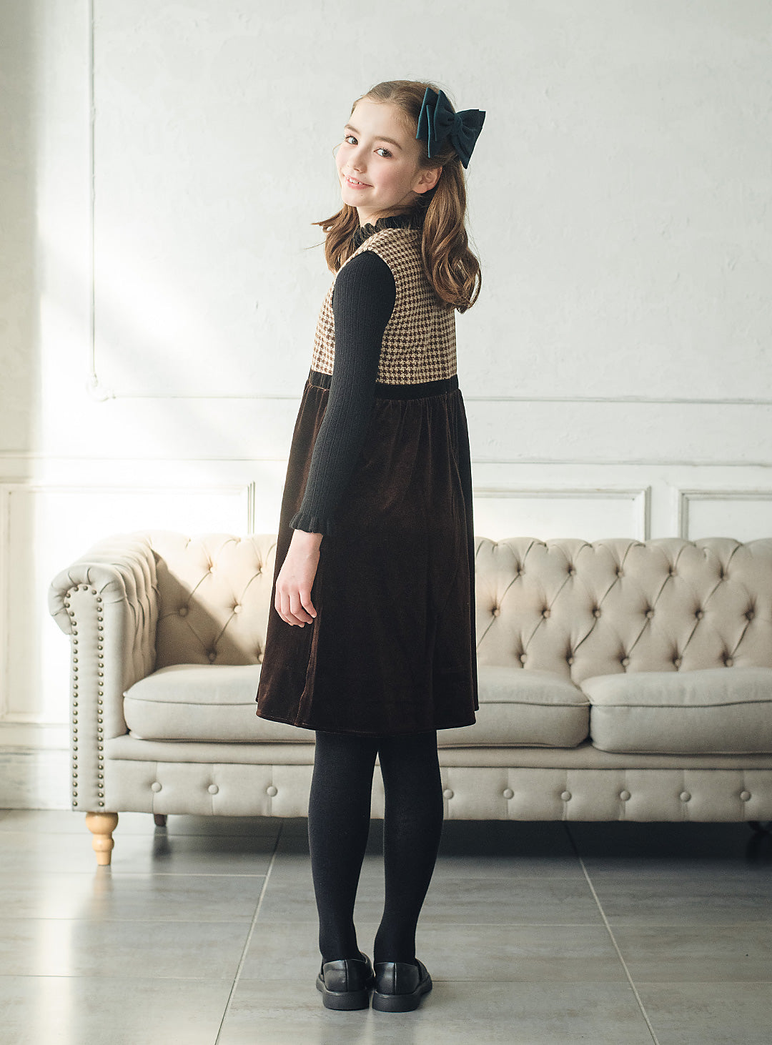 ヘリンボーン×ベロア切り替えワンピース