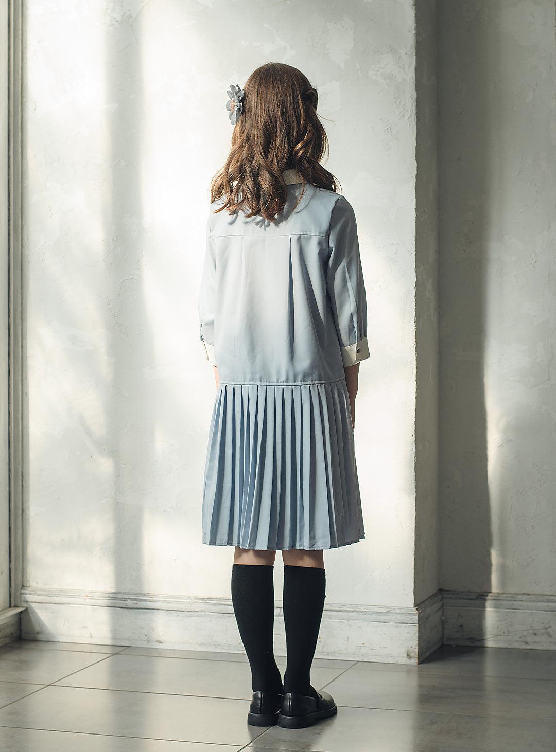 ブルーグレープリーツシャツワンピース