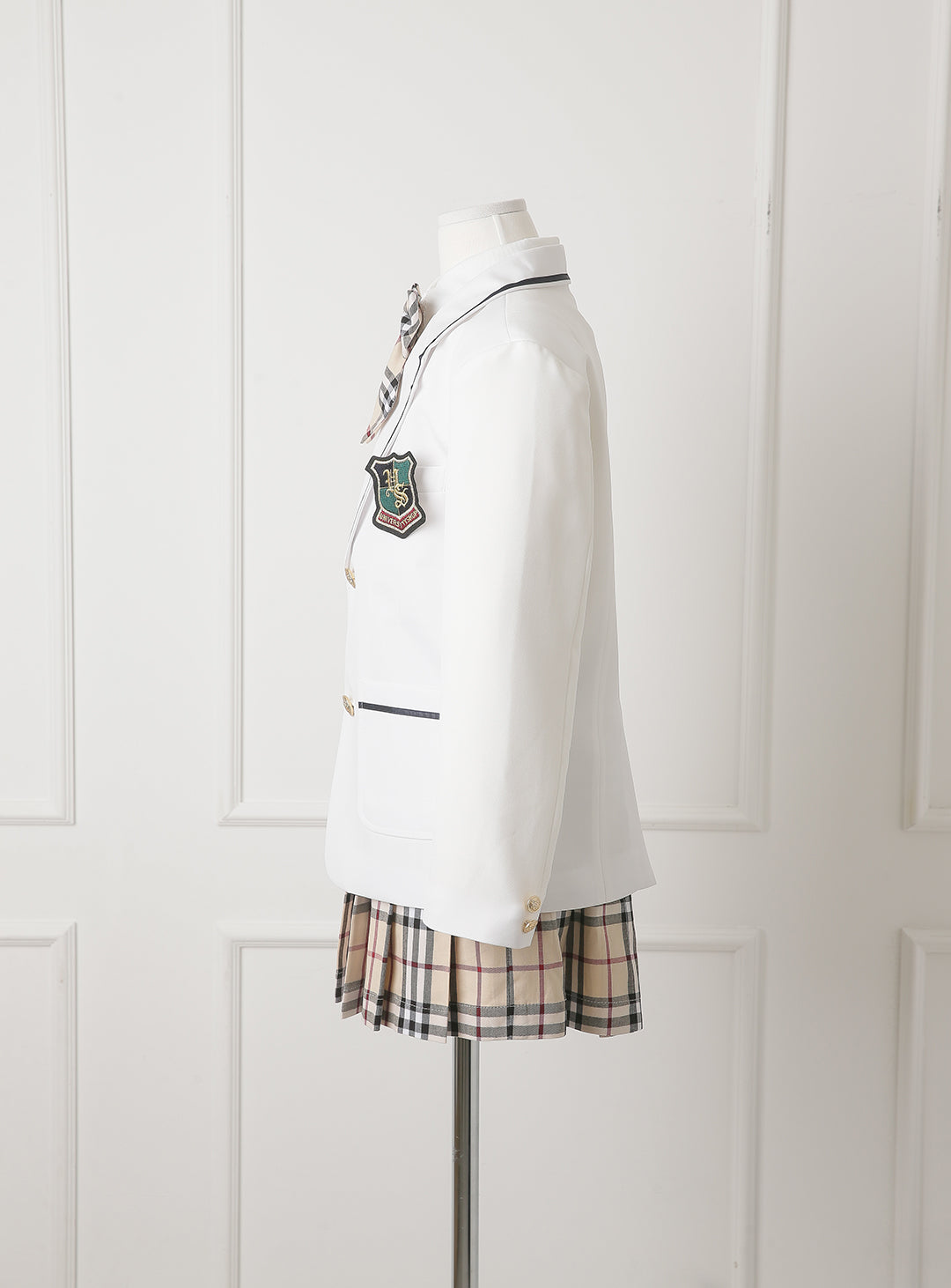 グレースホワイトシングルジャケットベージュチェックスカート3ピースセット(ジャケット、スカート、リボンタイ)