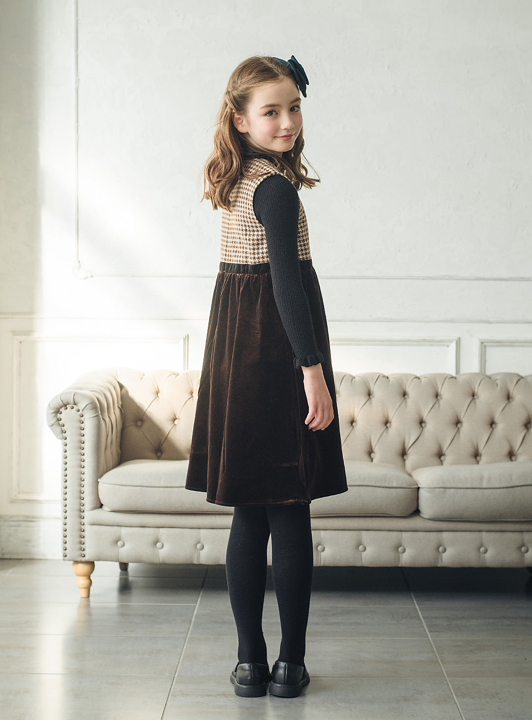 ヘリンボーン×ベロア切り替えワンピース