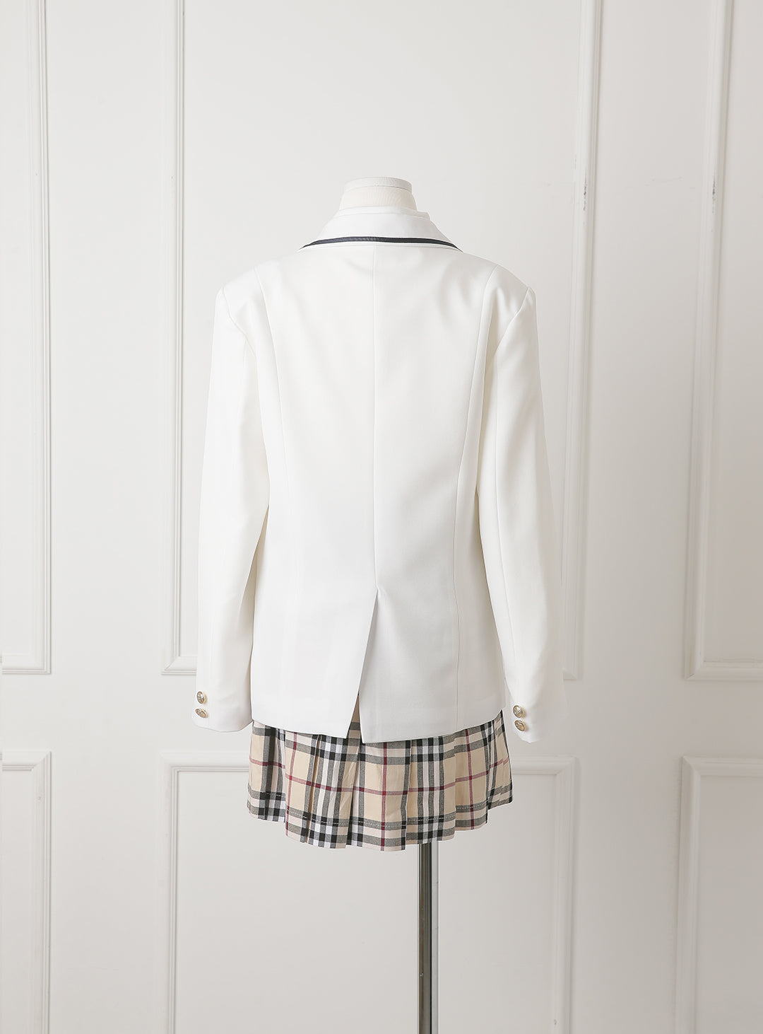 グレースホワイトシングルジャケットベージュチェックスカート3ピースセット(ジャケット、スカート、リボンタイ)