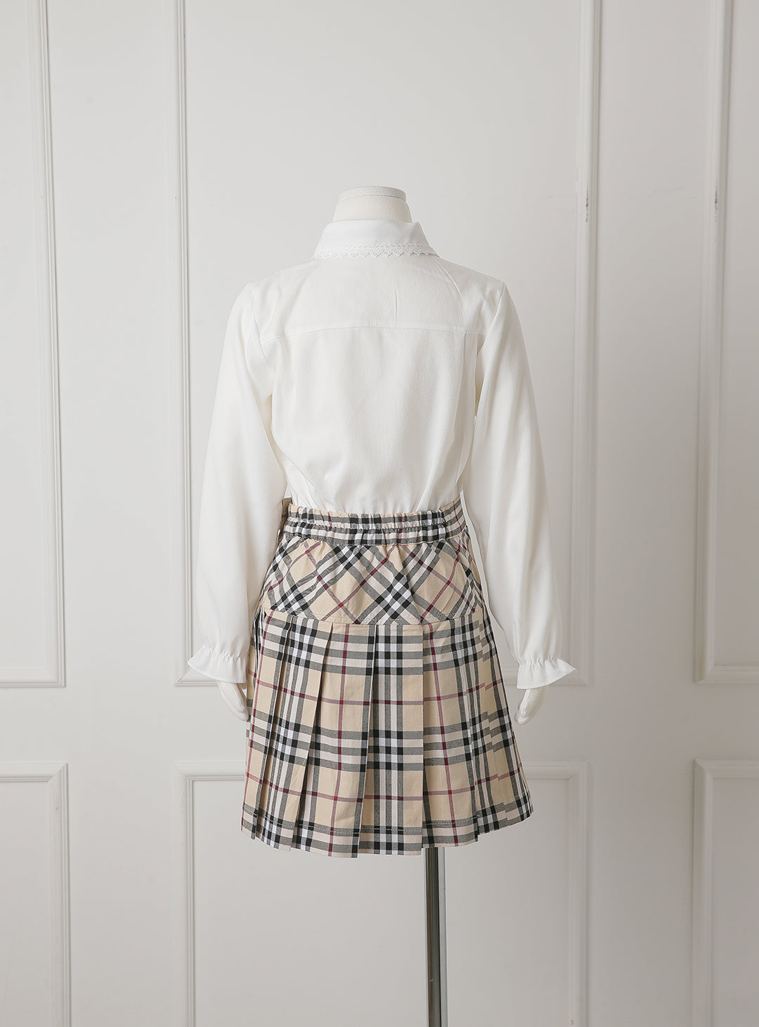 グレースホワイトシングルジャケットベージュチェックスカート3ピースセット(ジャケット、スカート、リボンタイ)