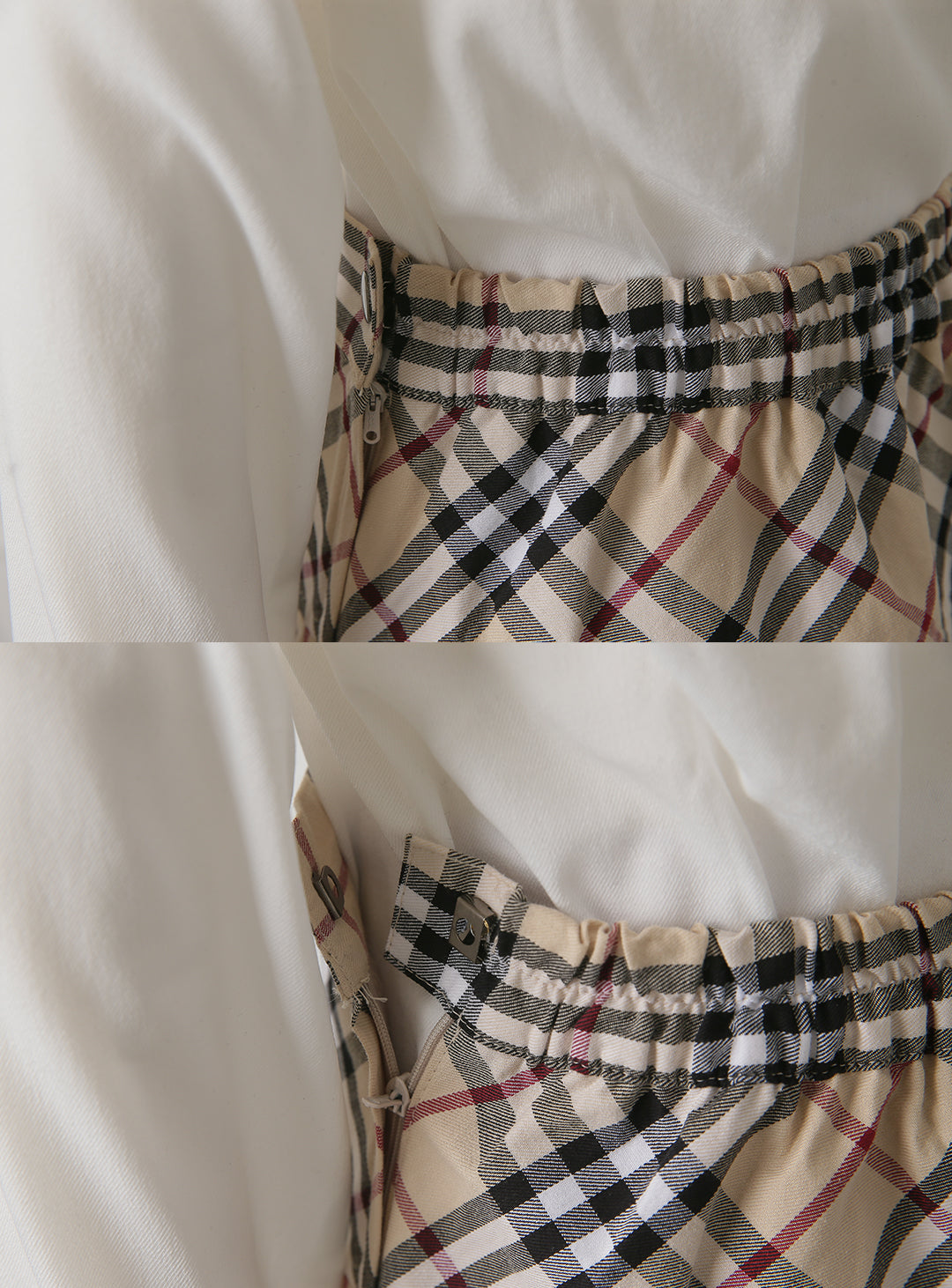 グレースホワイトシングルジャケットベージュチェックスカート3ピースセット(ジャケット、スカート、リボンタイ)