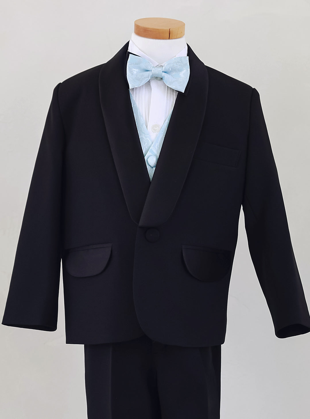 ベーシックブラックタキシードスカイブルーベスト4ピースセット(タキシード上下+ベスト+タイ)