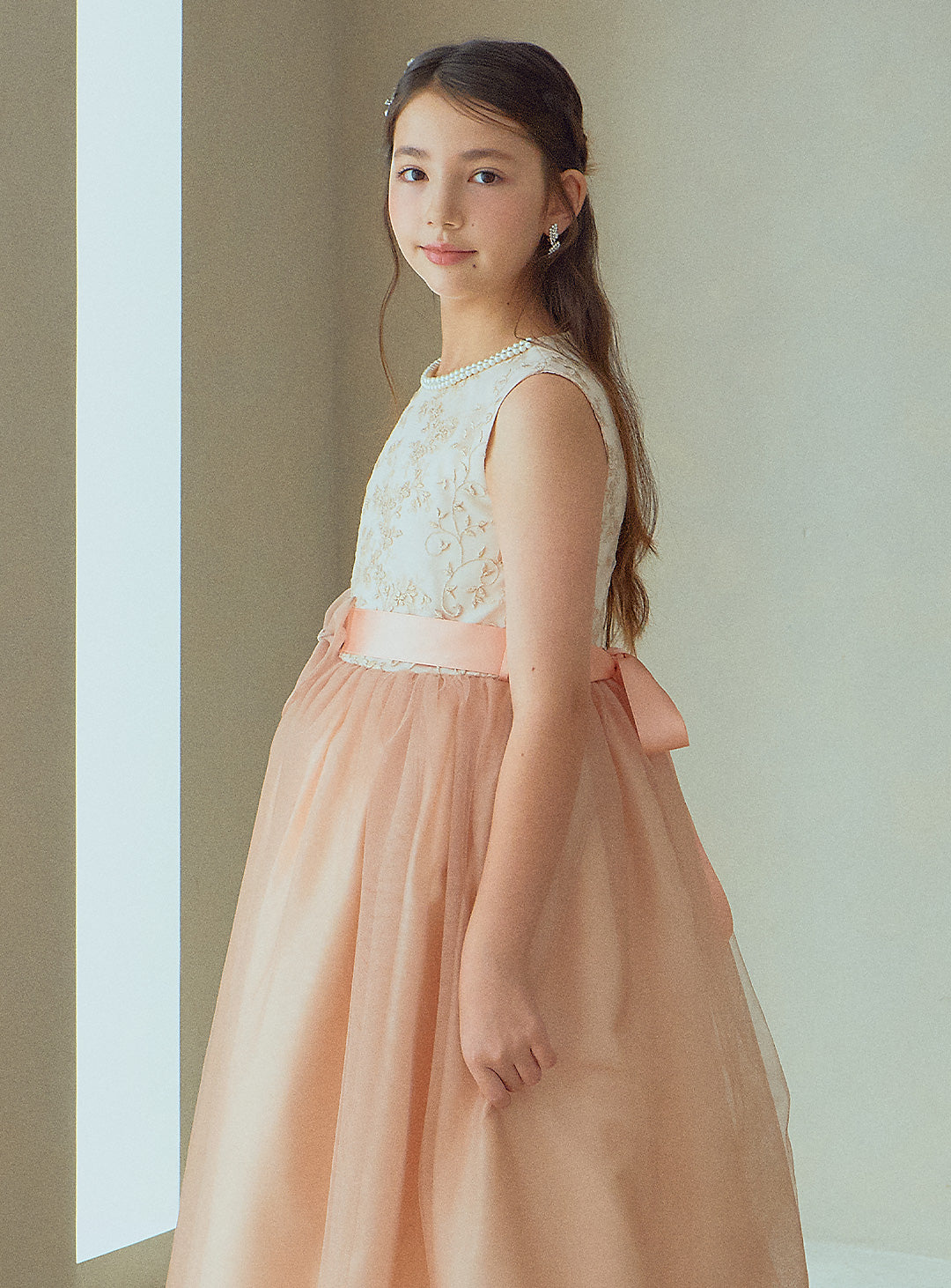 D-SU-175-ツーラインパールピンクベージュロングドレス