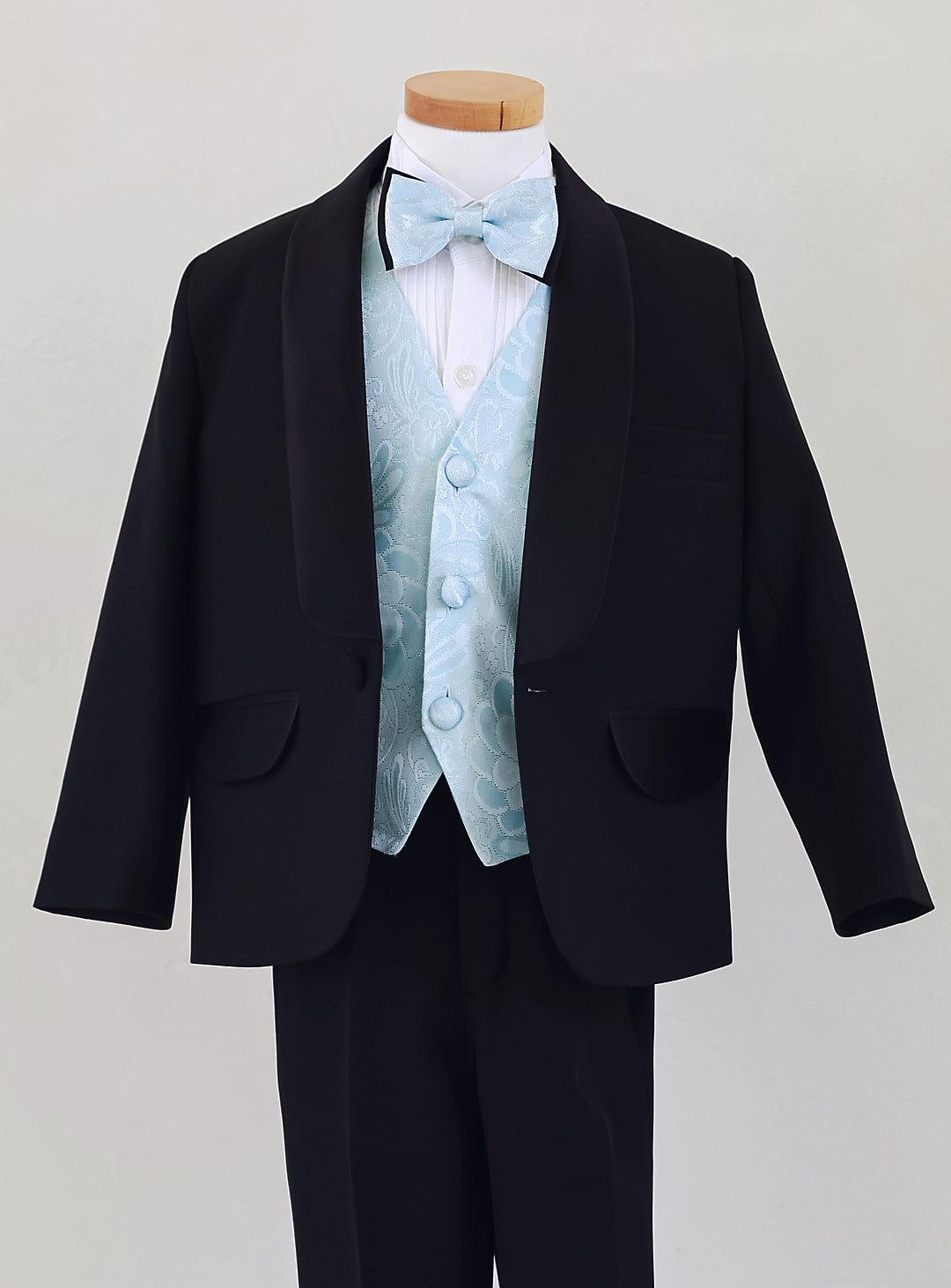 ベーシックブラックタキシードスカイブルーベスト4ピースセット(タキシード上下+ベスト+タイ)