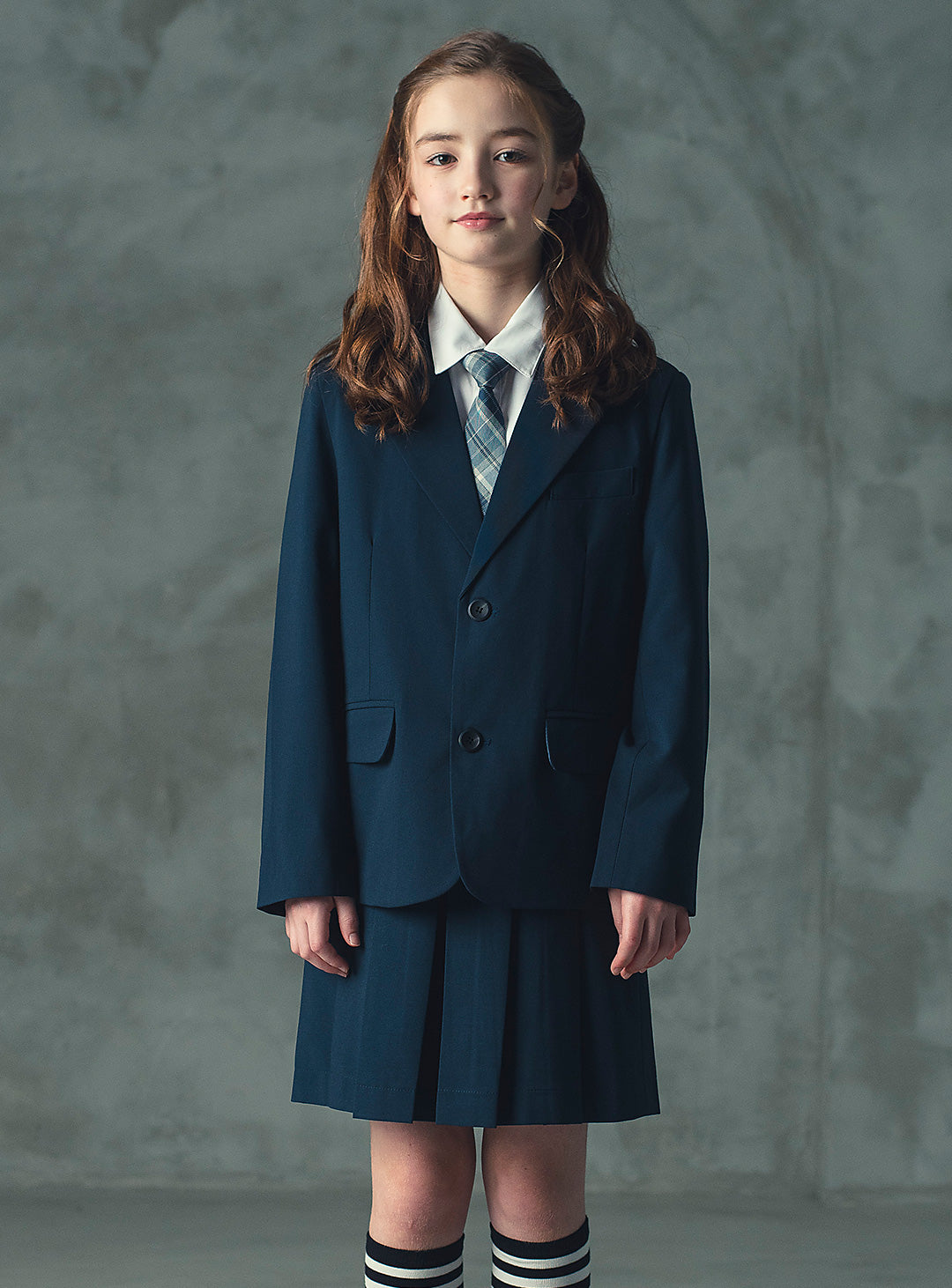 エマネイビーウール混ジャケットプリーツスカート2ピースセット(ジャケット、スカート)