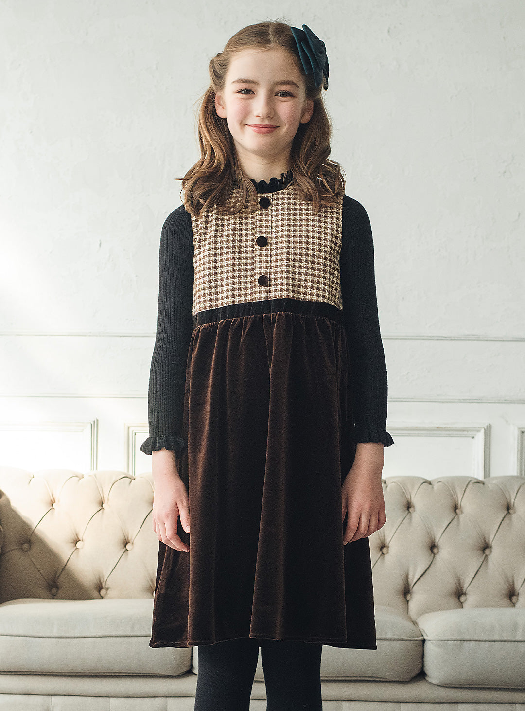 ヘリンボーン×ベロア切り替えワンピース