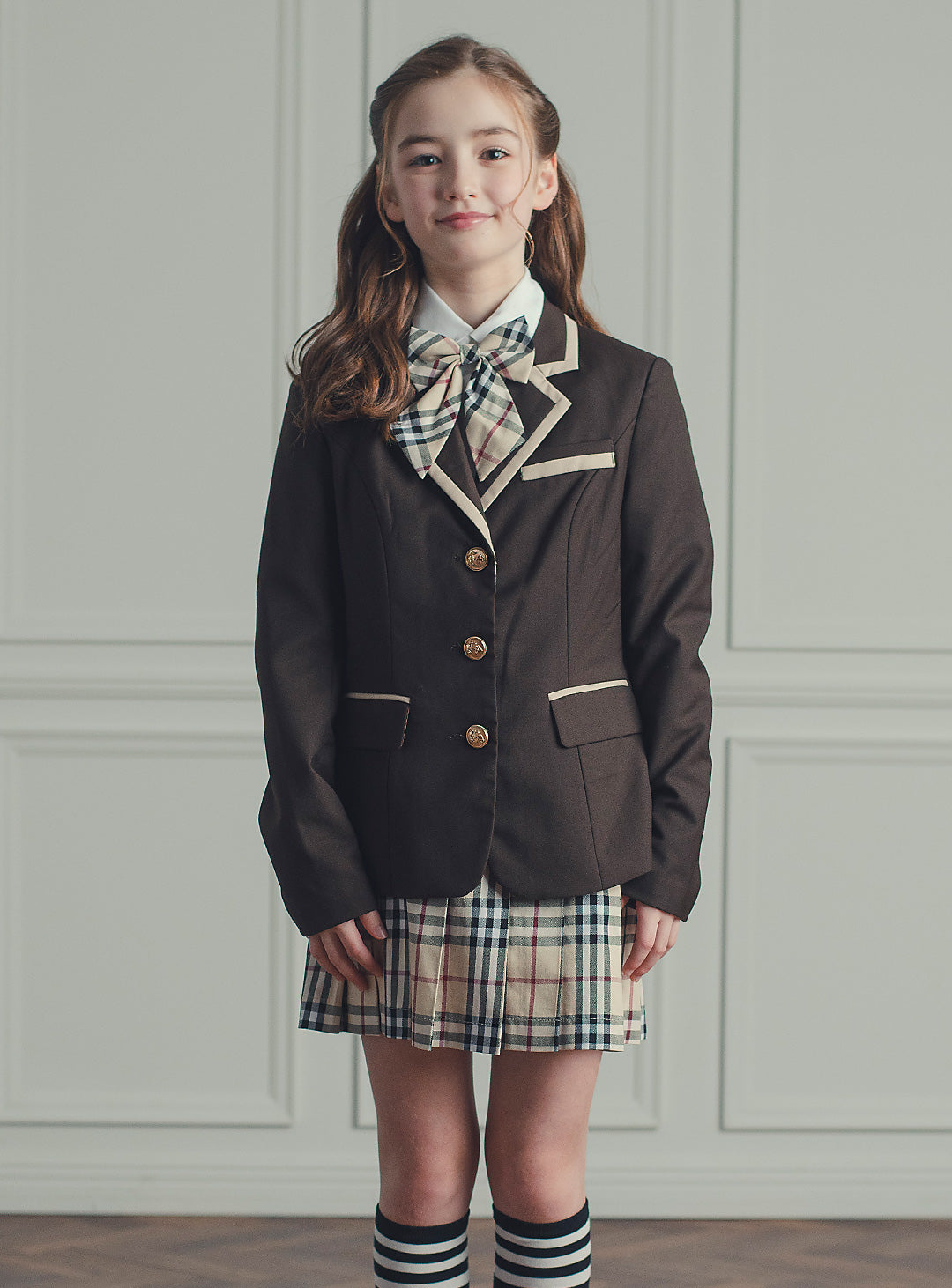 セリーナブラウンパイピングジャケットチェックプリーツスカート2ピースセット(ジャケット、スカート)