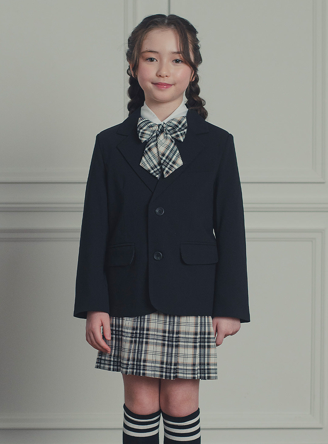 エリスブラックウール混ジャケットチェックスカート2ピースセット(ジャケット、スカート)