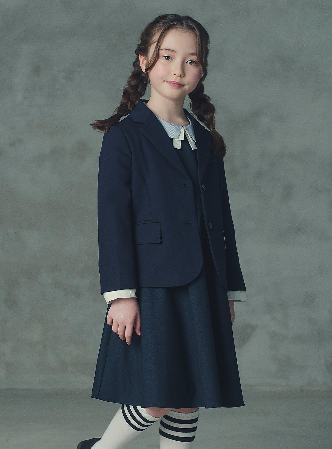 モーブネイビーシングルジャケット+ネイビーバイカラーフェイクワンピース