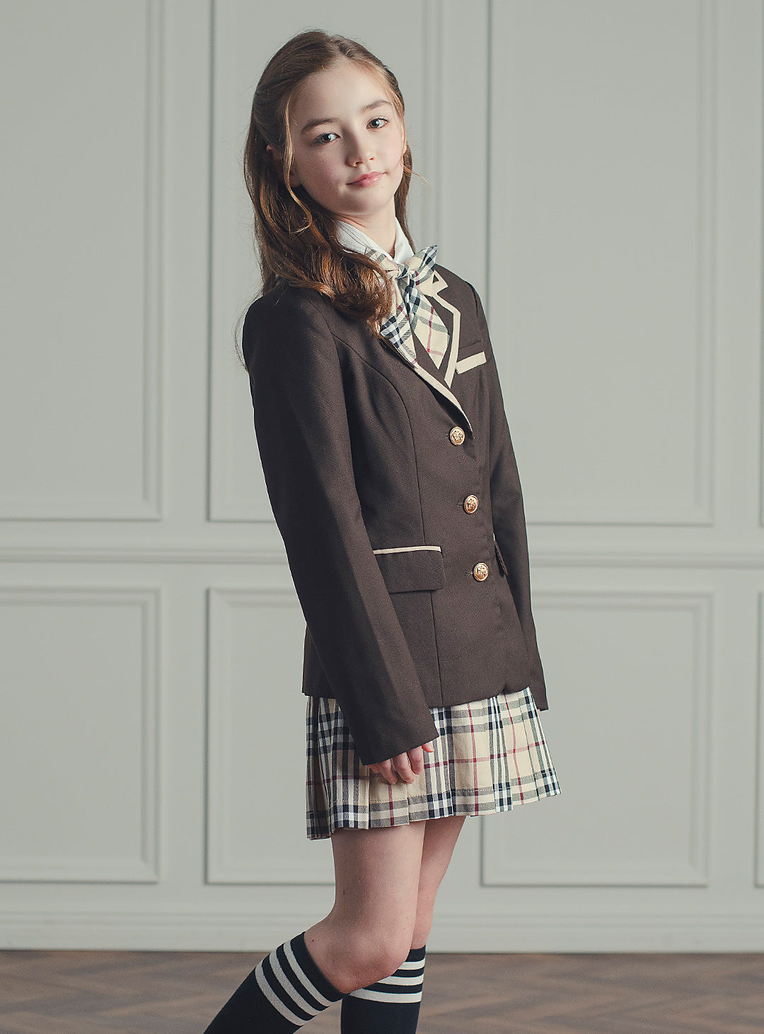 セリーナブラウンパイピングジャケットチェックプリーツスカート2ピースセット(ジャケット、スカート)