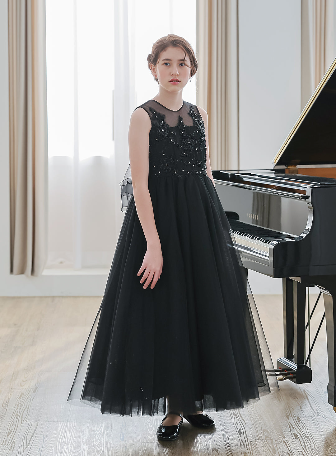 子供ドレス発表会・結婚式・おしゃれなDRESCCOのブラックジュエリーシースルーロングドレスの画像18