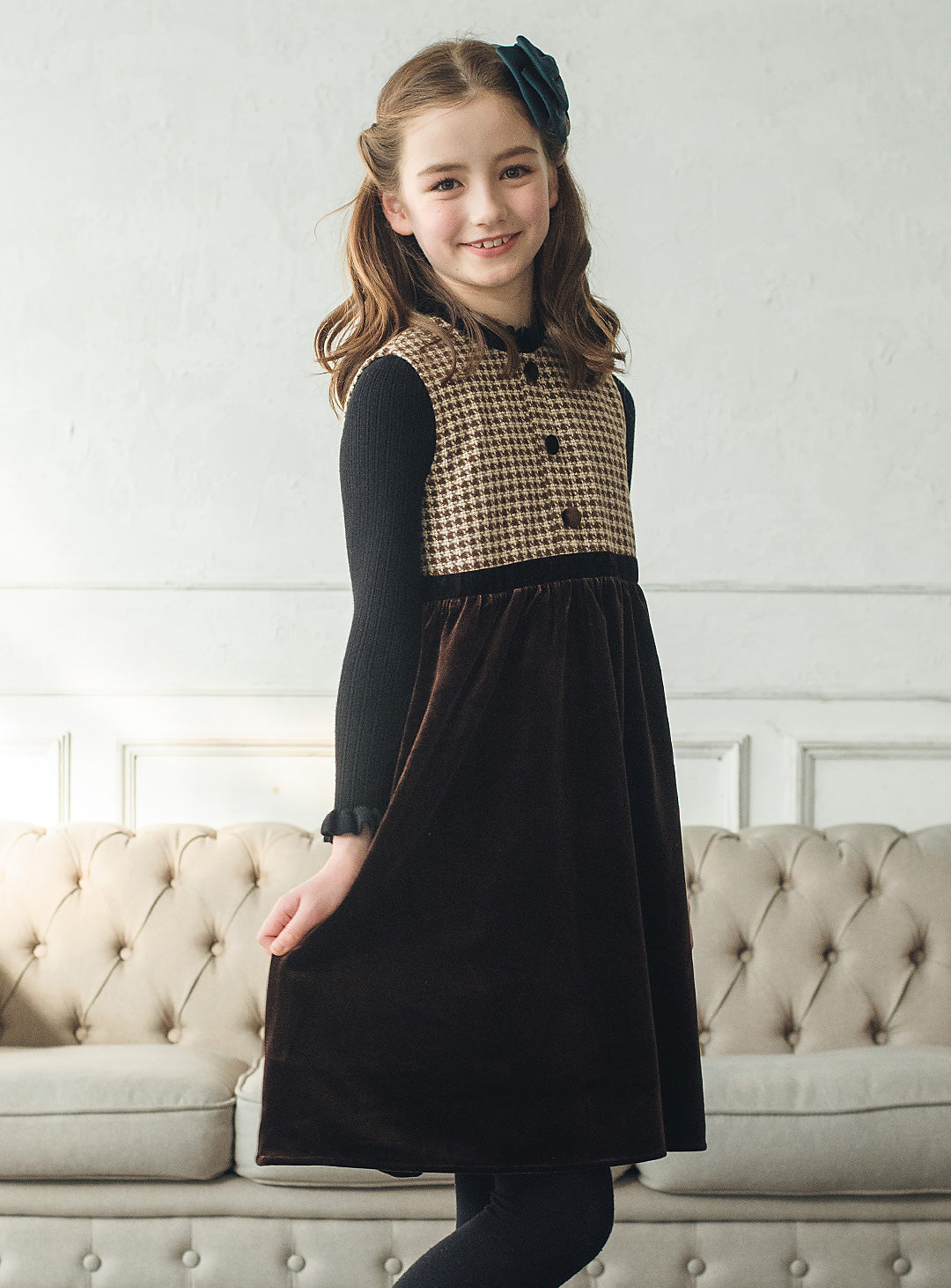 ヘリンボーン×ベロア切り替えワンピース