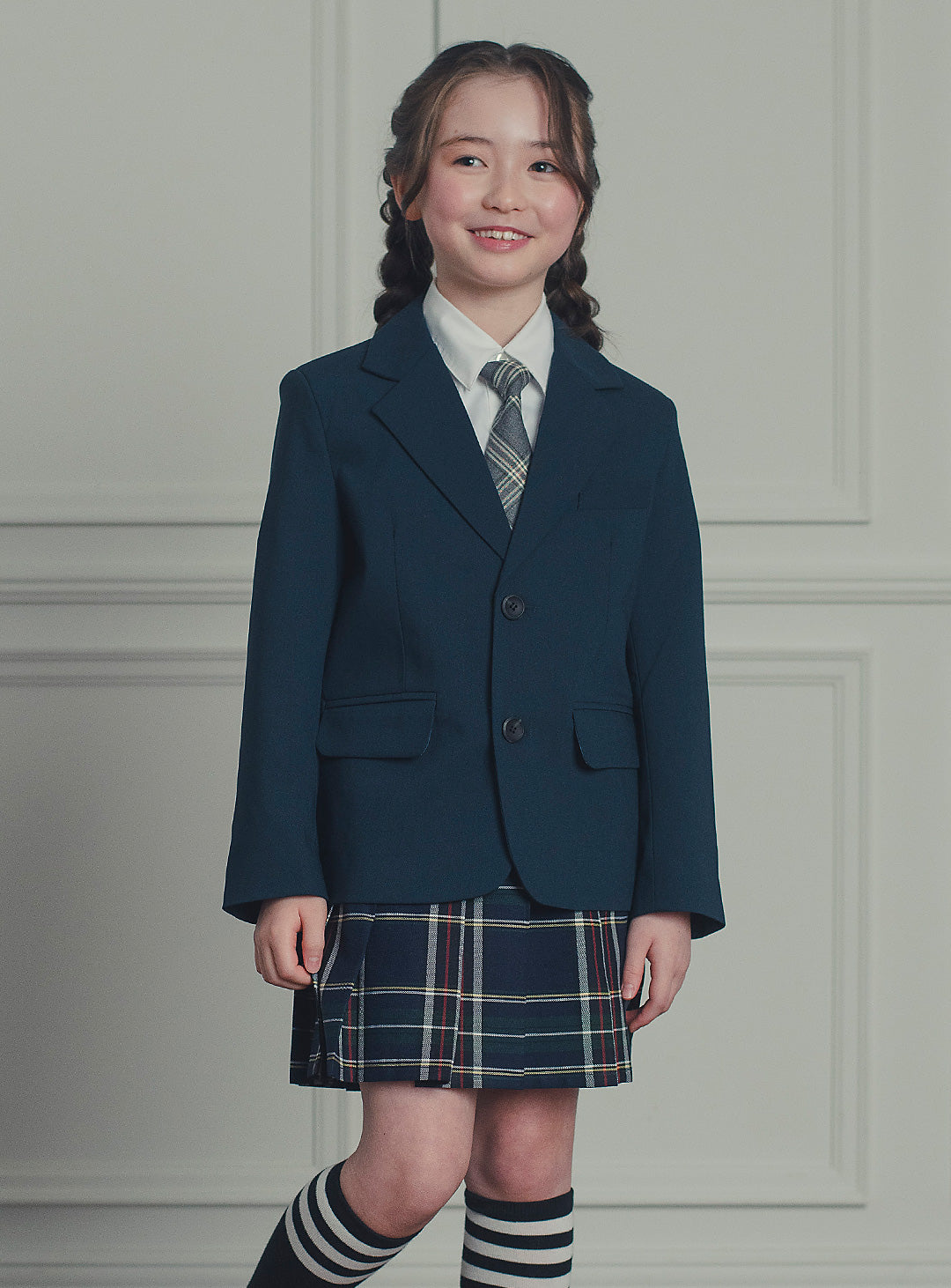 エマネイビーウール混ジャケットチェックスカート2ピースセット(ジャケット、スカート)