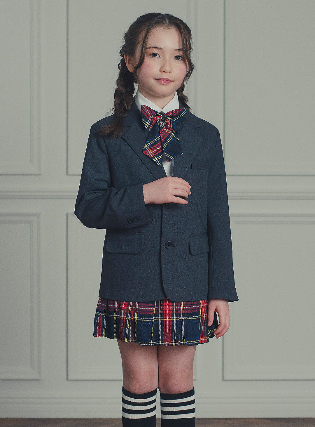 アメリアチャコールウールジャケットレッドチェックスカート2ピースセット(ジャケット、スカート)