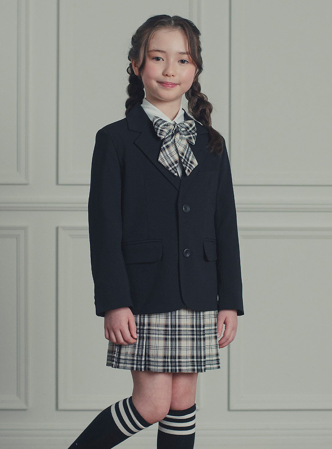 エリスブラックウール混ジャケットチェックスカート2ピースセット(ジャケット、スカート)