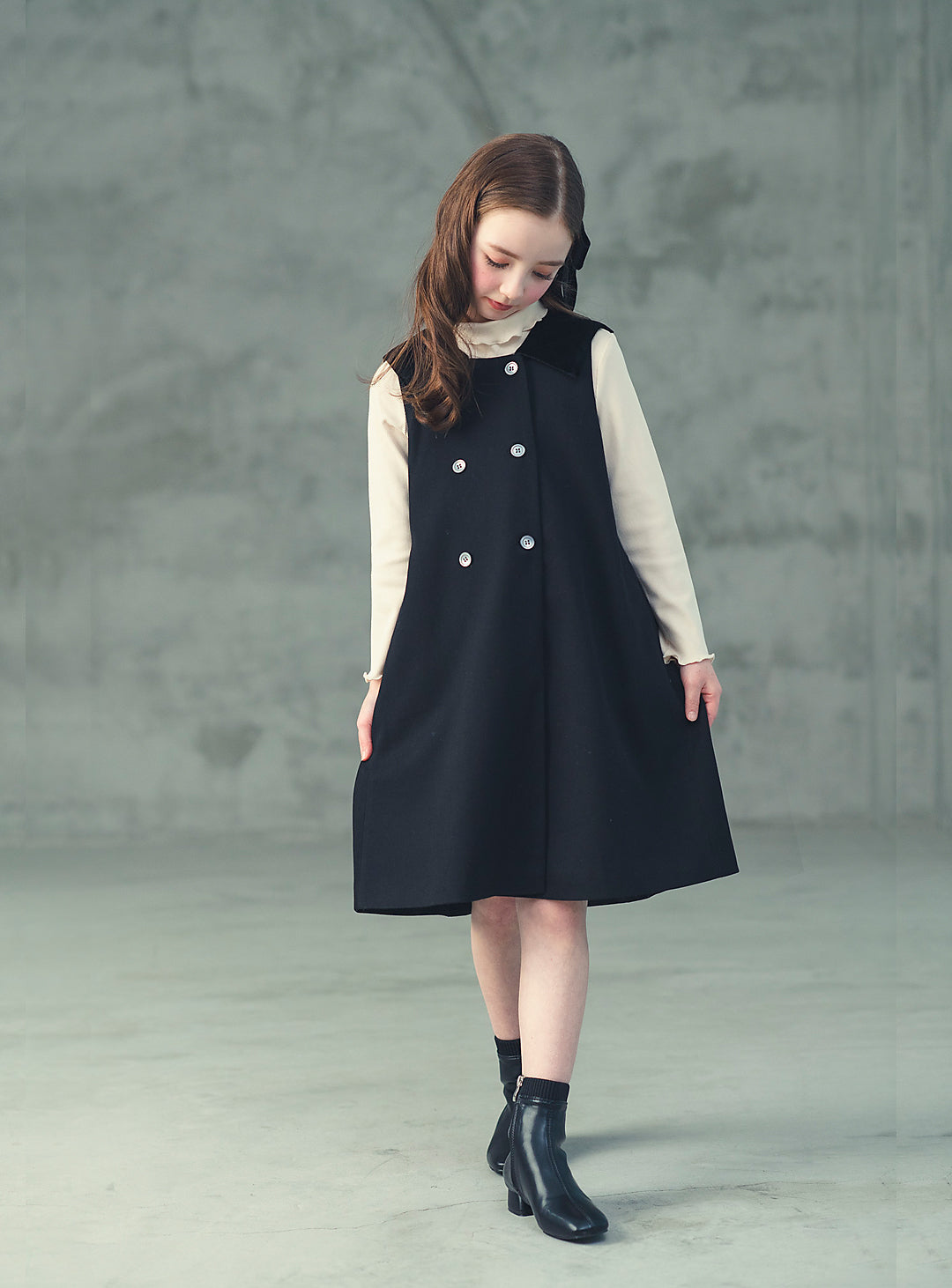 K8093 - ダブルブレストベルベットカラーワンピース