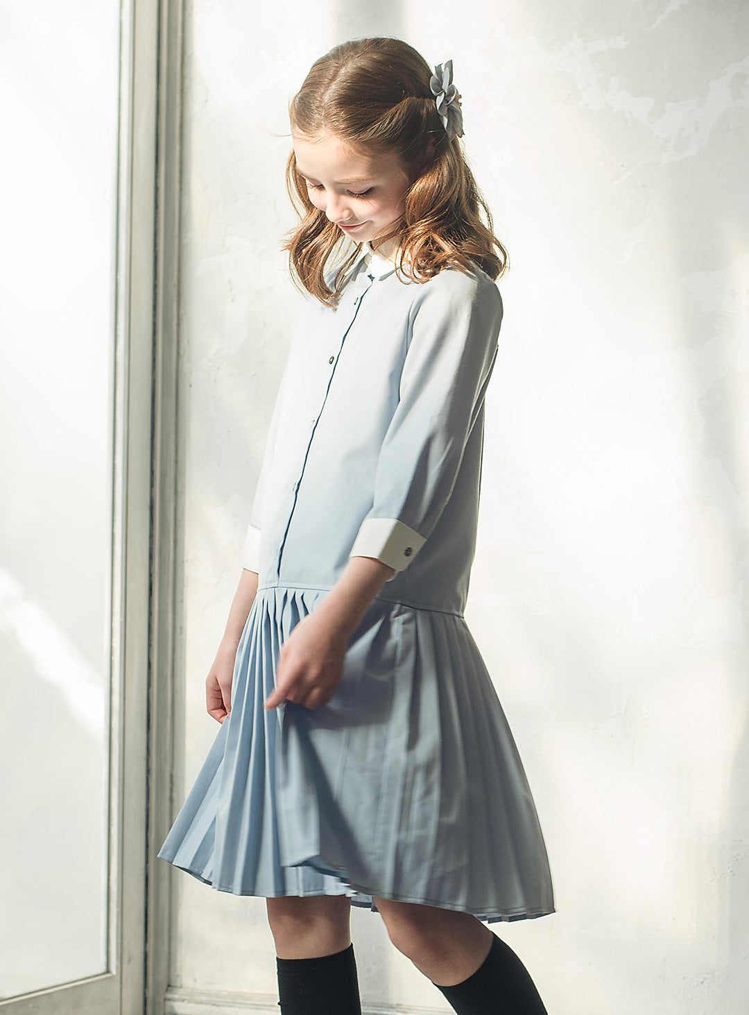 ブルーグレープリーツシャツワンピース