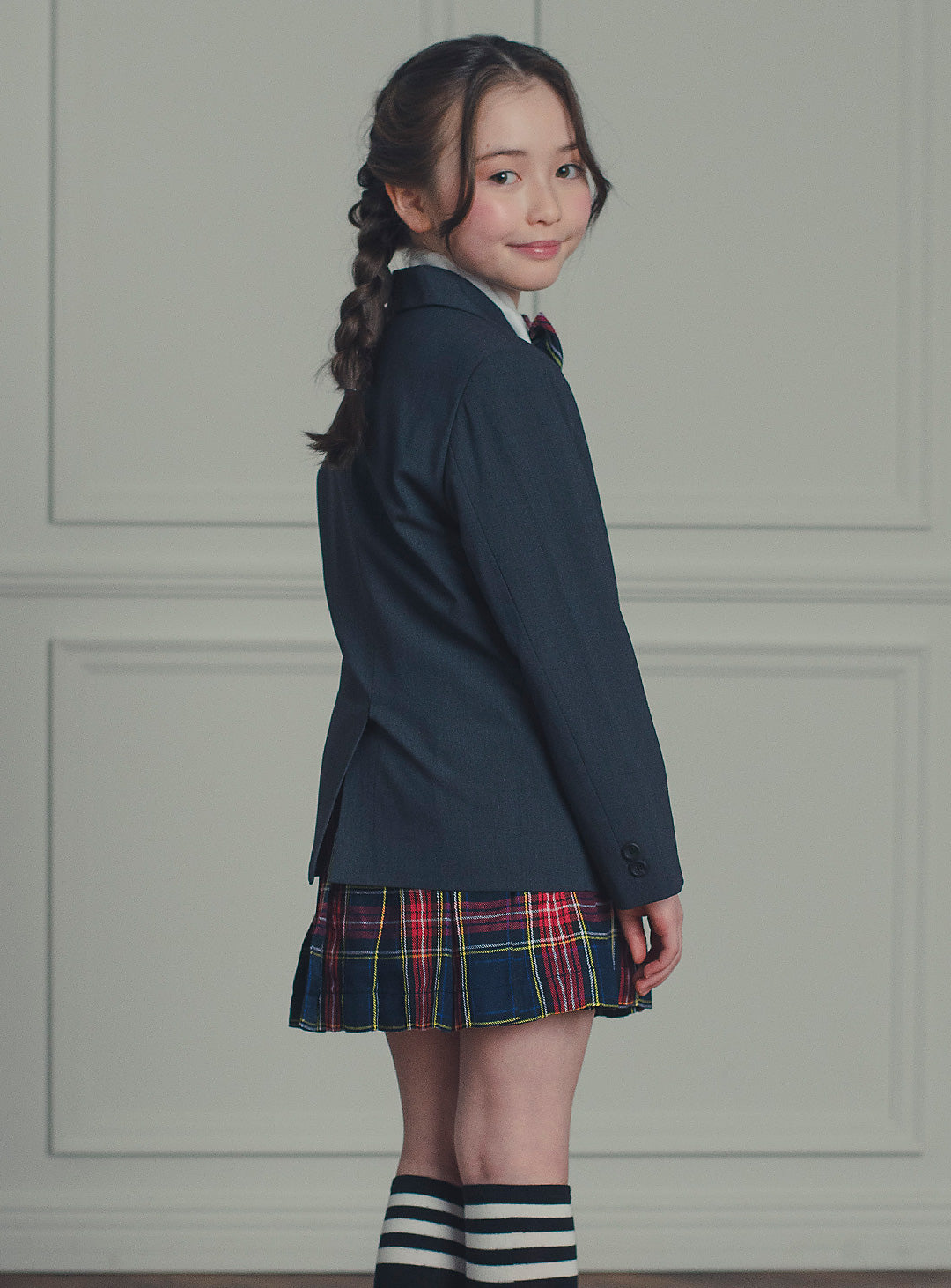 アメリアチャコールウールジャケットレッドチェックスカート2ピースセット(ジャケット、スカート)