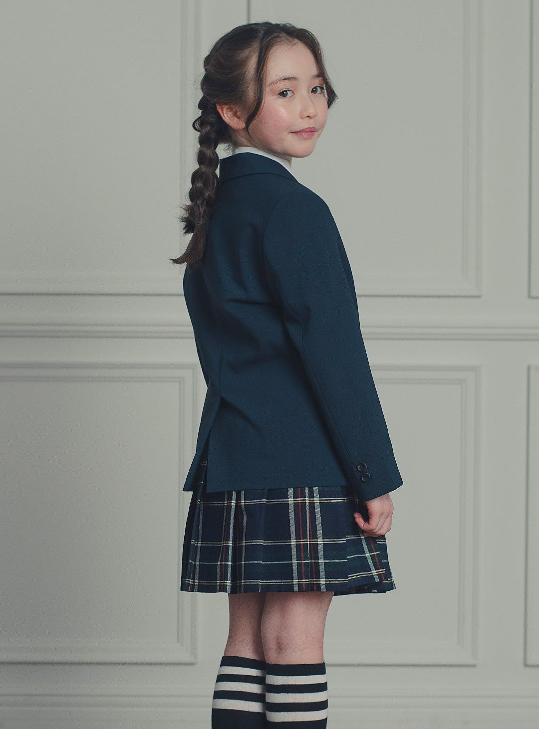エマネイビーウール混ジャケットチェックスカート2ピースセット(ジャケット、スカート)