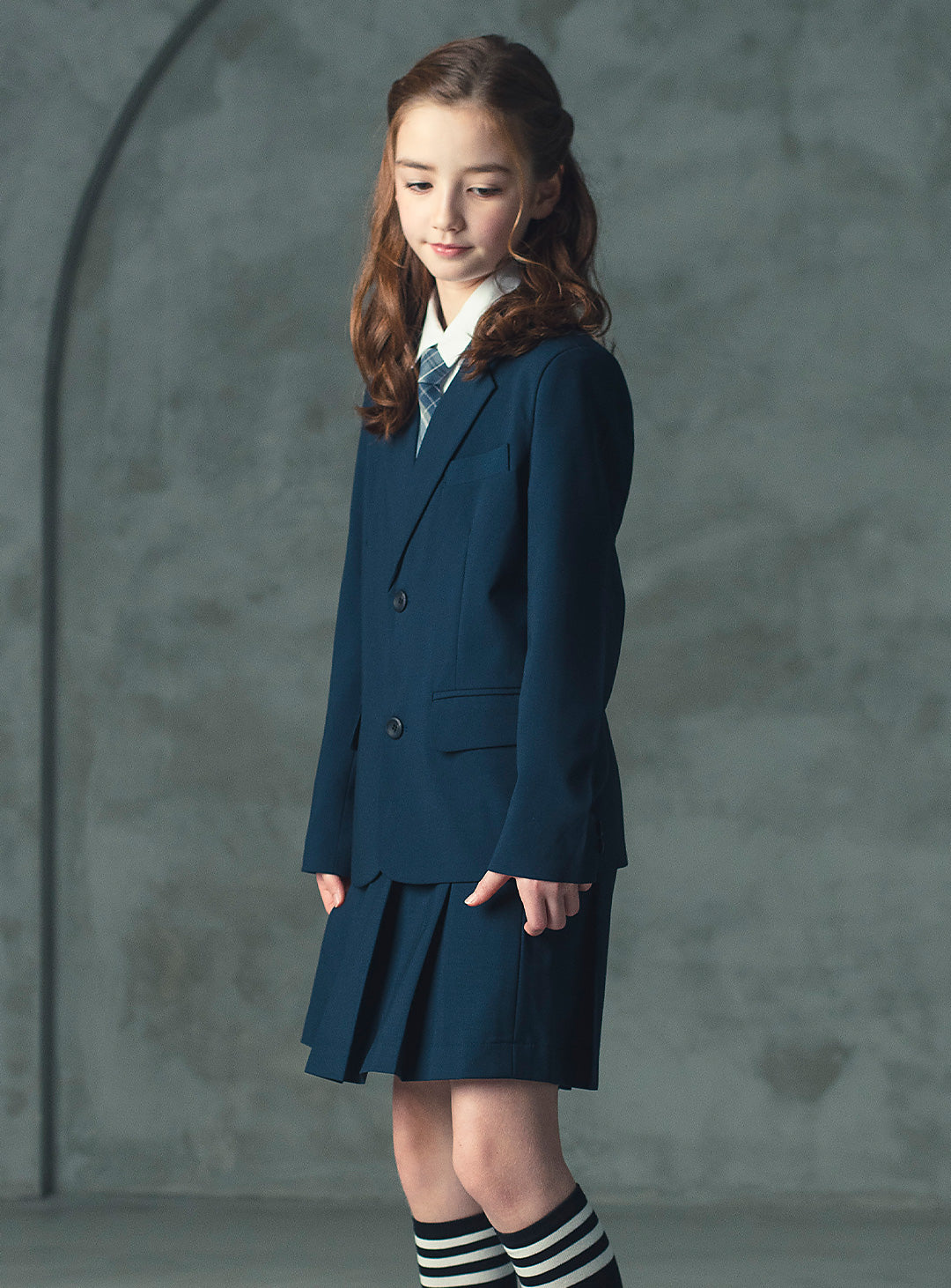 エマネイビーウール混ジャケットプリーツスカート2ピースセット(ジャケット、スカート)