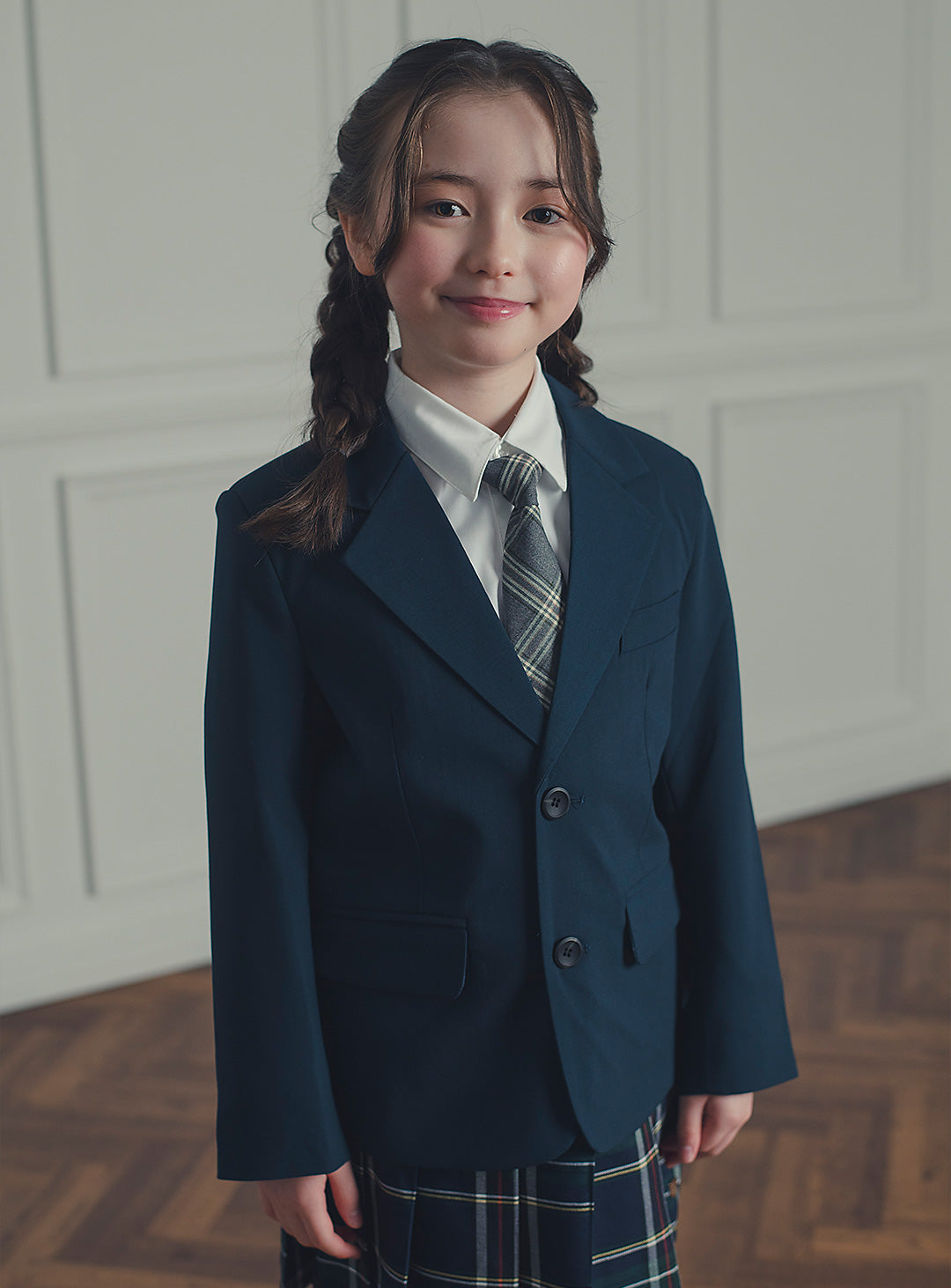 エマネイビーウール混ジャケットチェックスカート2ピースセット(ジャケット、スカート)