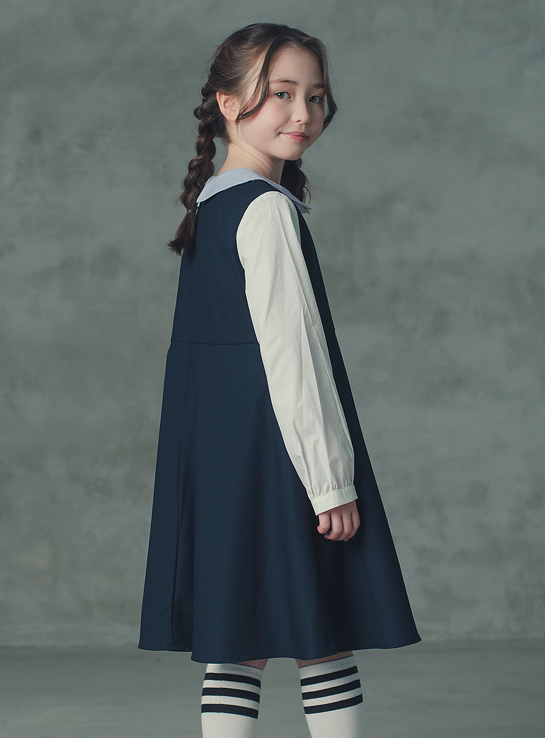 モーブネイビーシングルジャケット+ネイビーバイカラーフェイクワンピース