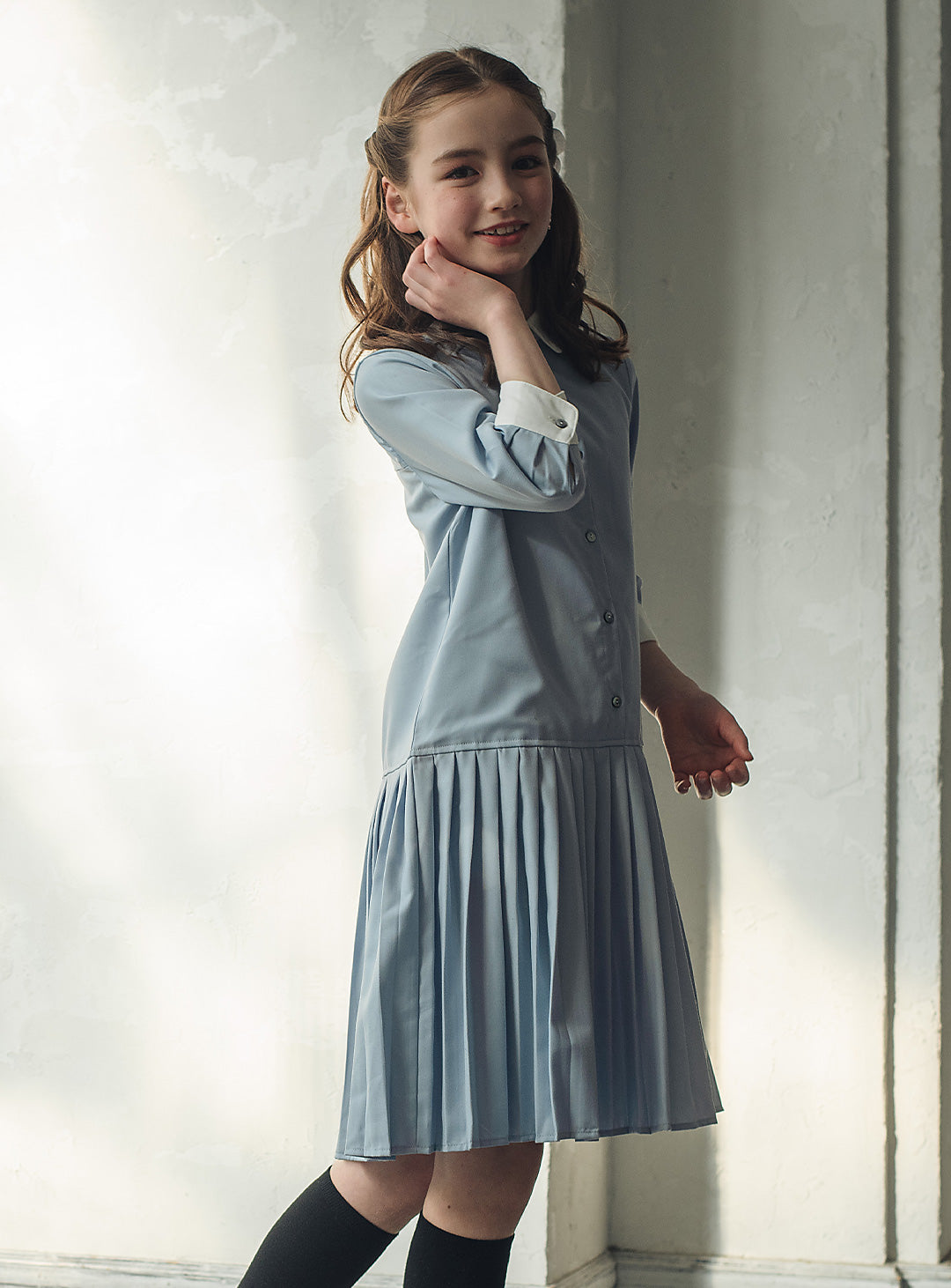 ブルーグレープリーツシャツワンピース