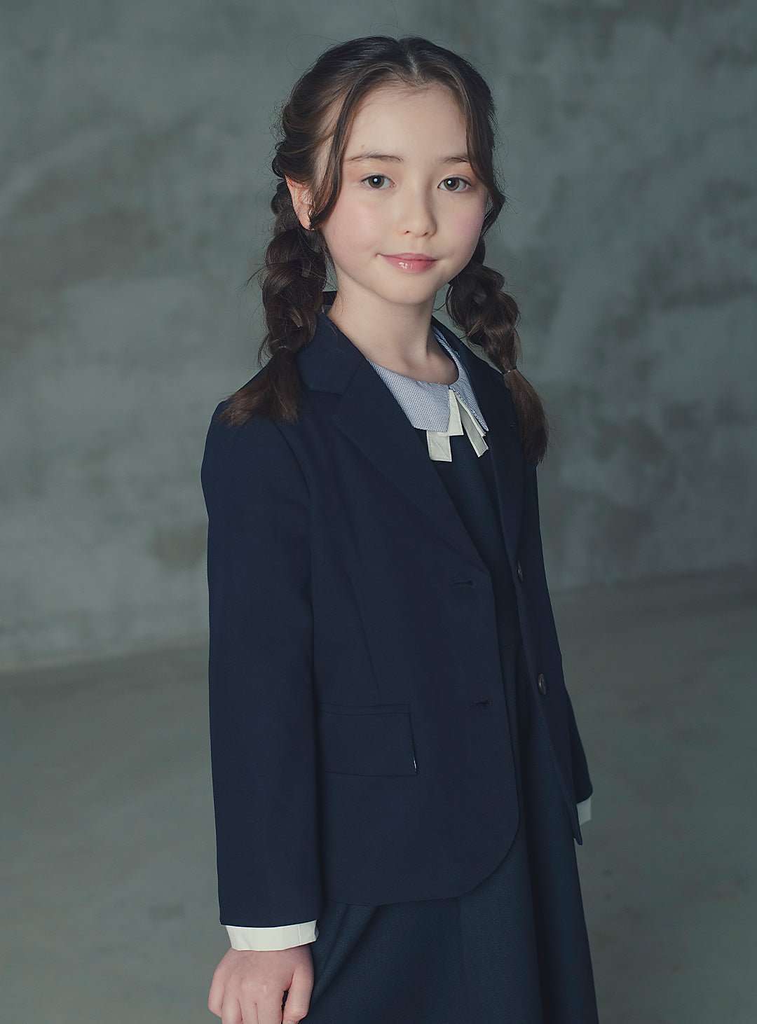 モーブネイビーシングルジャケット+ネイビーバイカラーフェイクワンピース