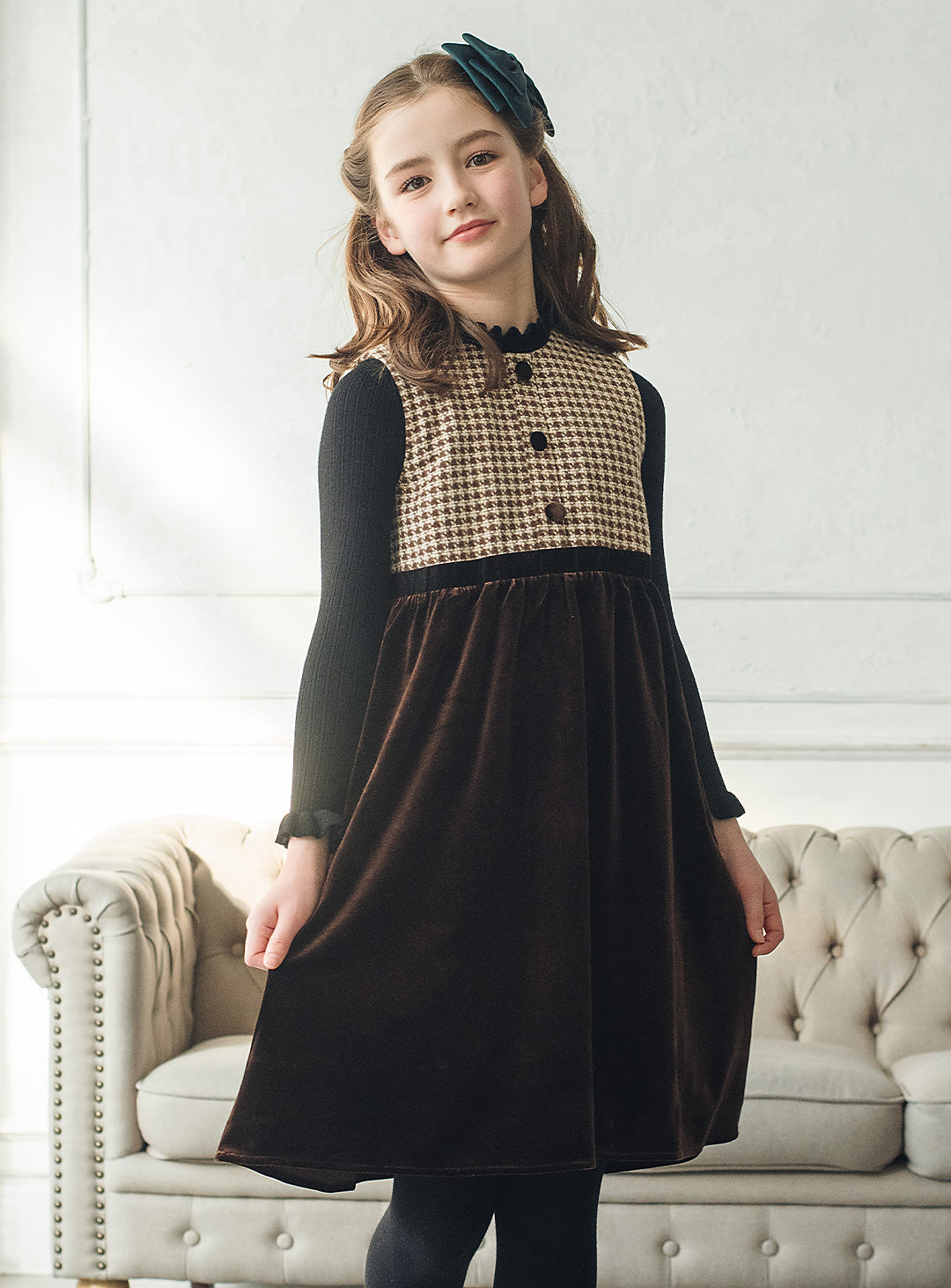 ヘリンボーン×ベロア切り替えワンピース