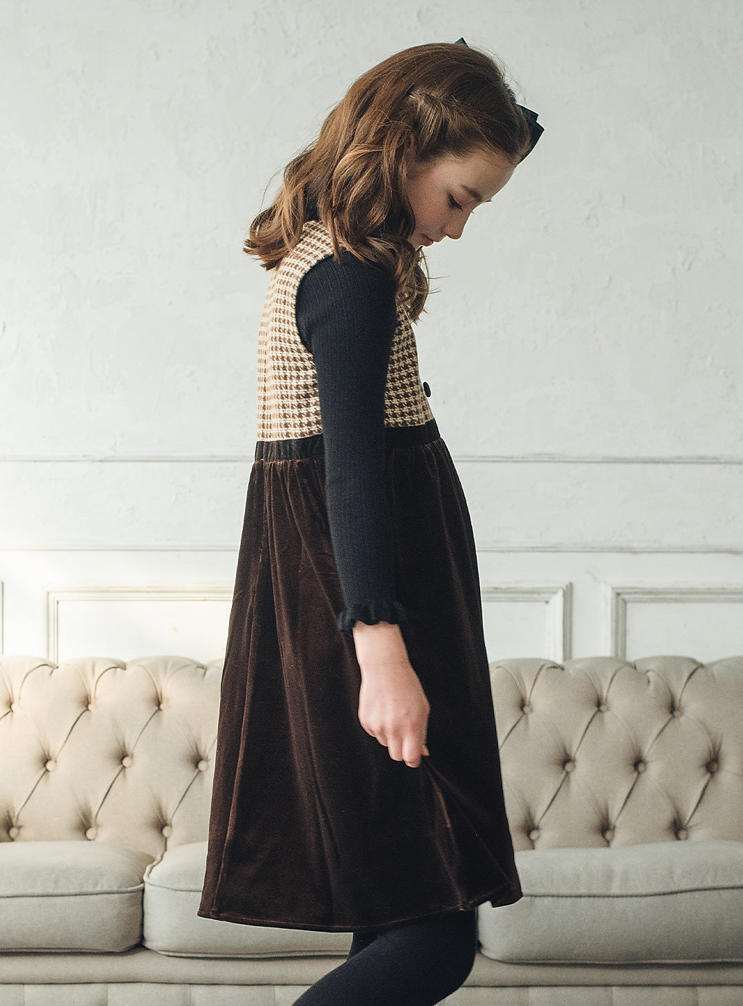 ヘリンボーン×ベロア切り替えワンピース