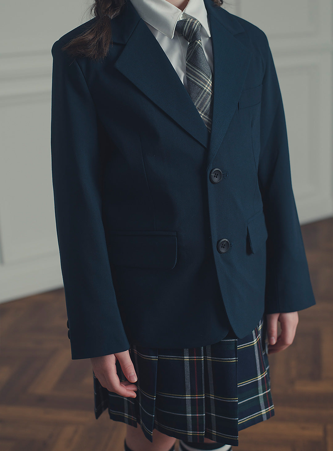 エマネイビーウール混ジャケットチェックスカート2ピースセット(ジャケット、スカート)