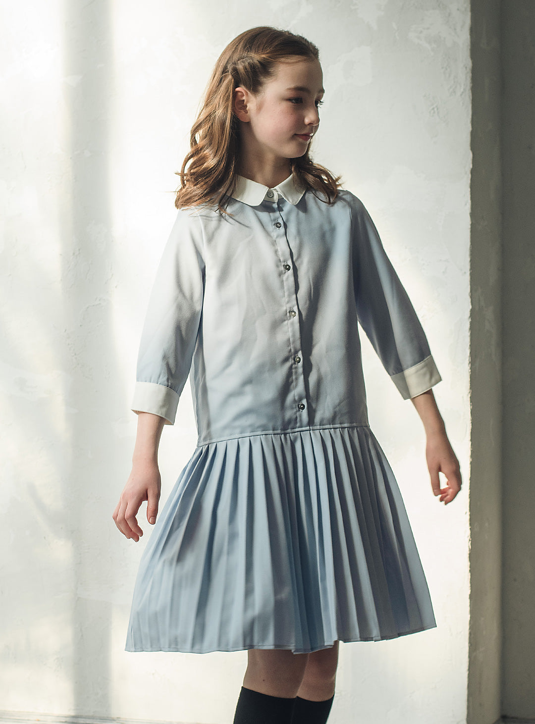 ブルーグレープリーツシャツワンピース