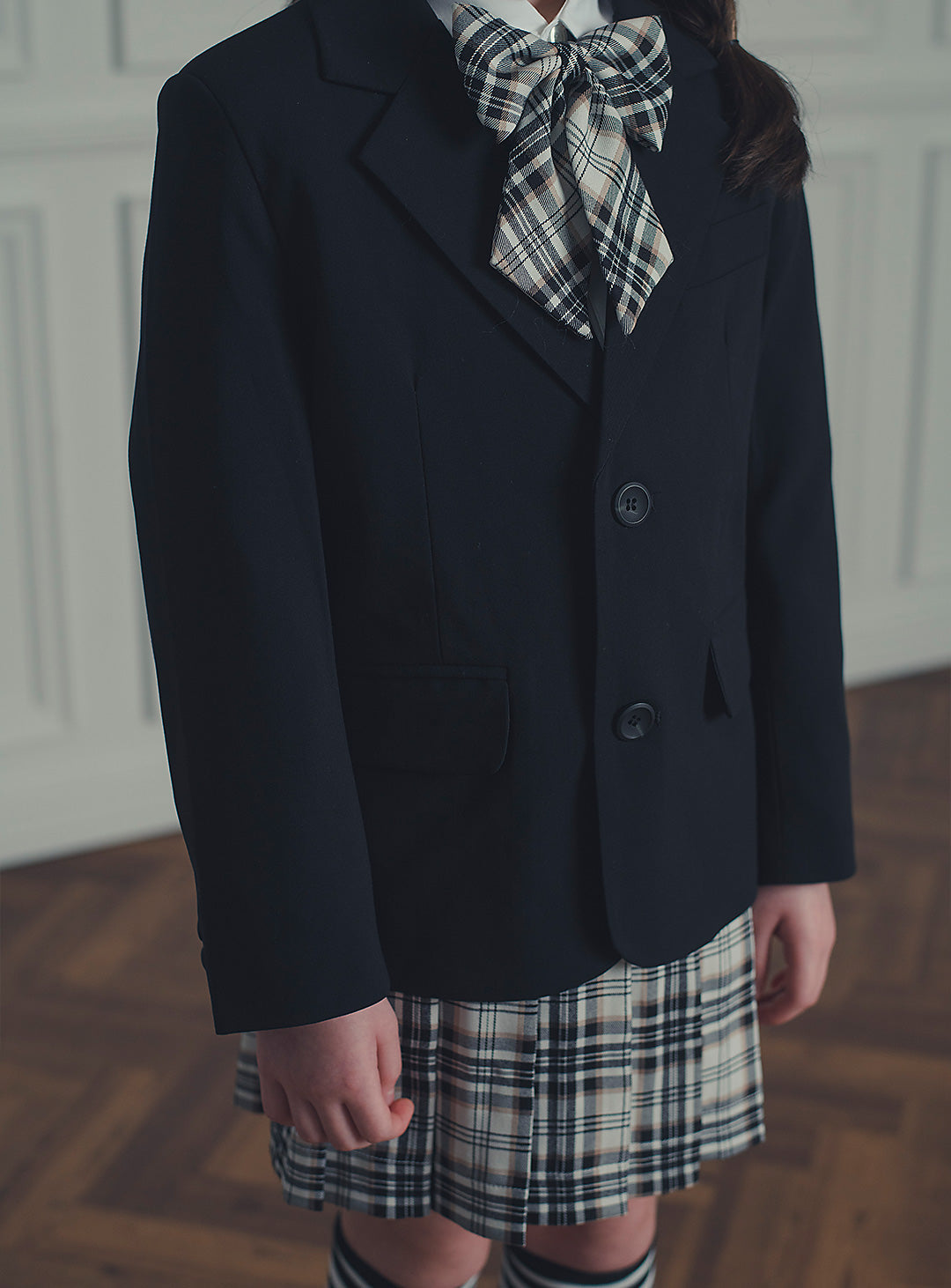 エリスブラックウール混ジャケットチェックスカート2ピースセット(ジャケット、スカート)