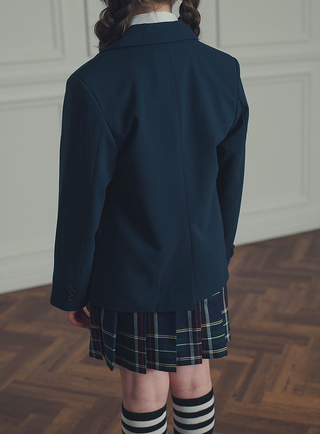 エマネイビーウール混ジャケットチェックスカート2ピースセット(ジャケット、スカート)