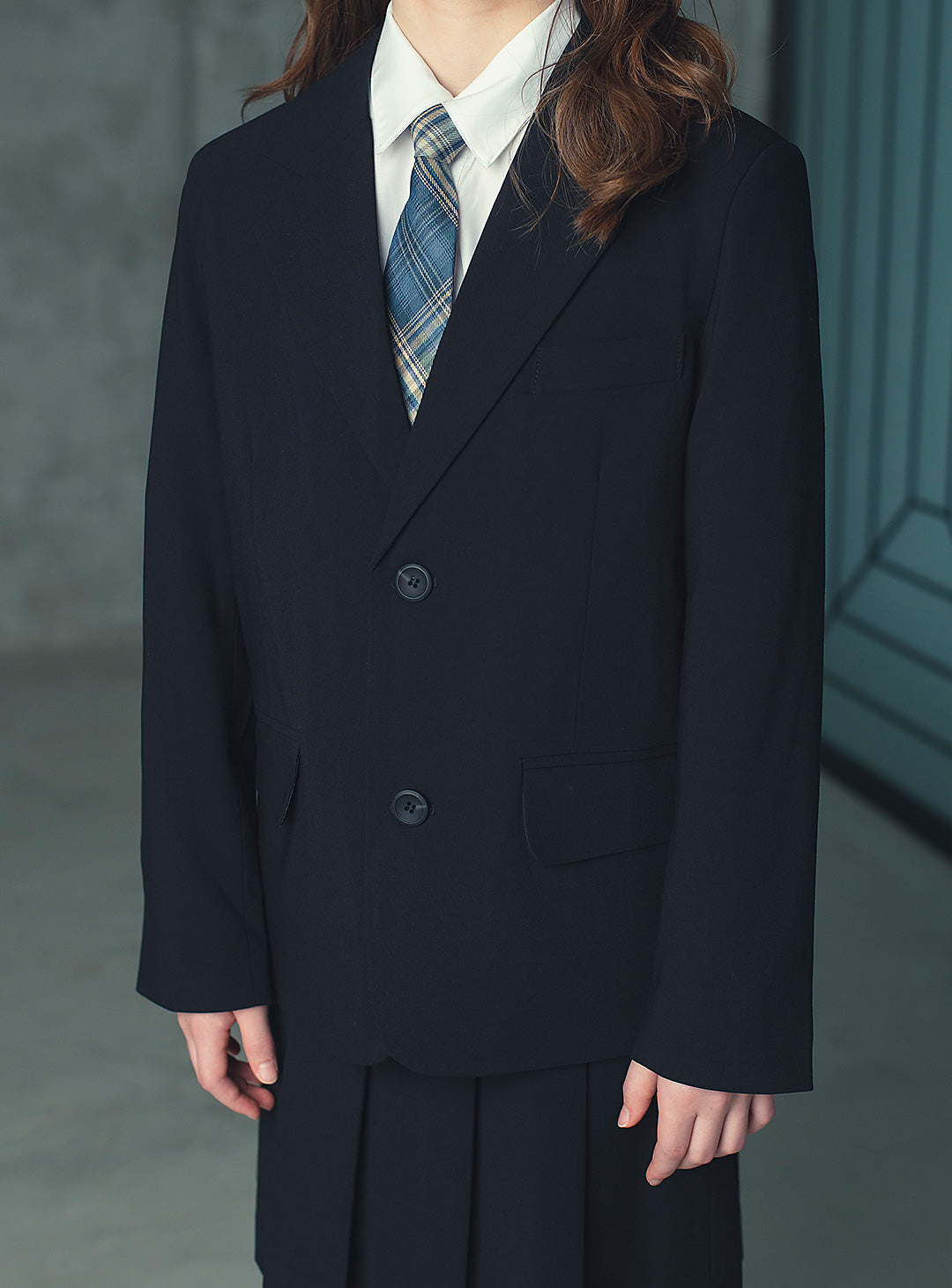 エリスブラックウール混ジャケットプリーツスカート2ピースセット(ジャケット、スカート)