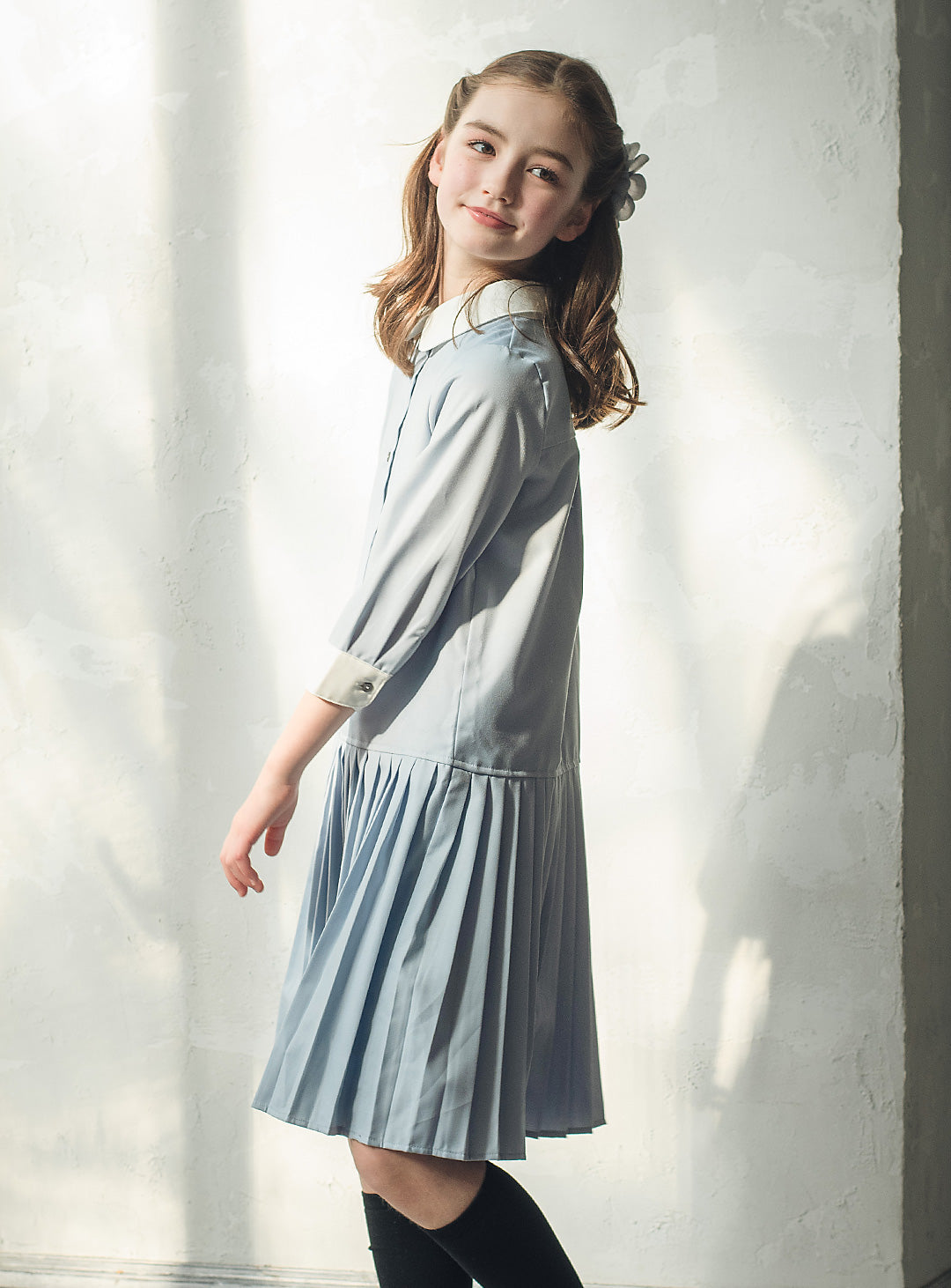 ブルーグレープリーツシャツワンピース