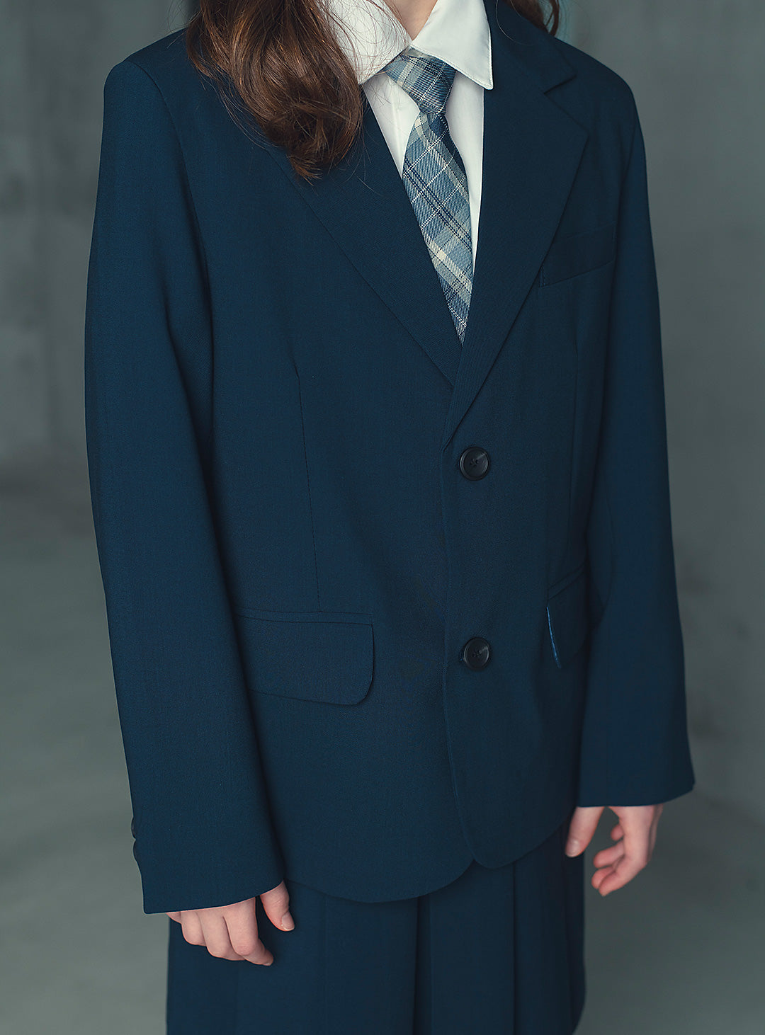 エマネイビーウール混ジャケットプリーツスカート2ピースセット(ジャケット、スカート)