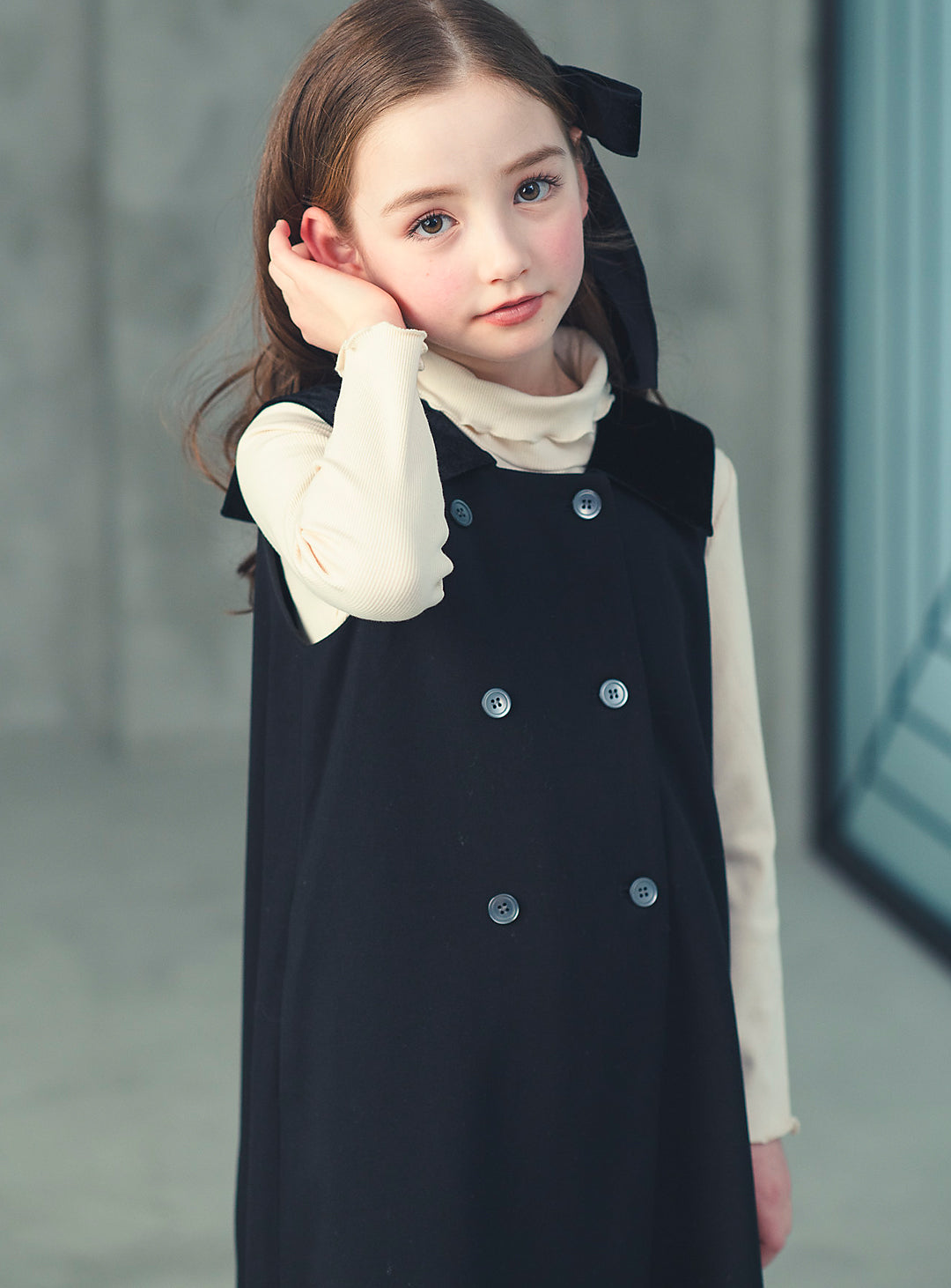 K8093 - ダブルブレストベルベットカラーワンピース