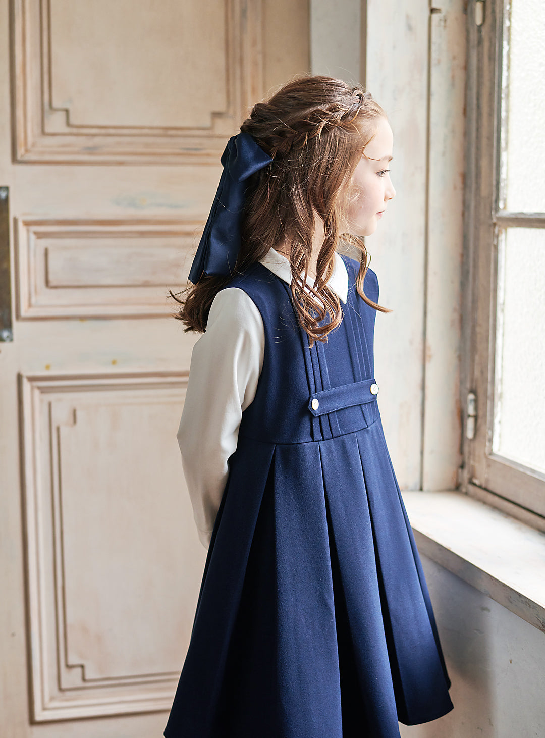 K9095 - ネイビー×ホワイトフェイクレイヤードワンピース