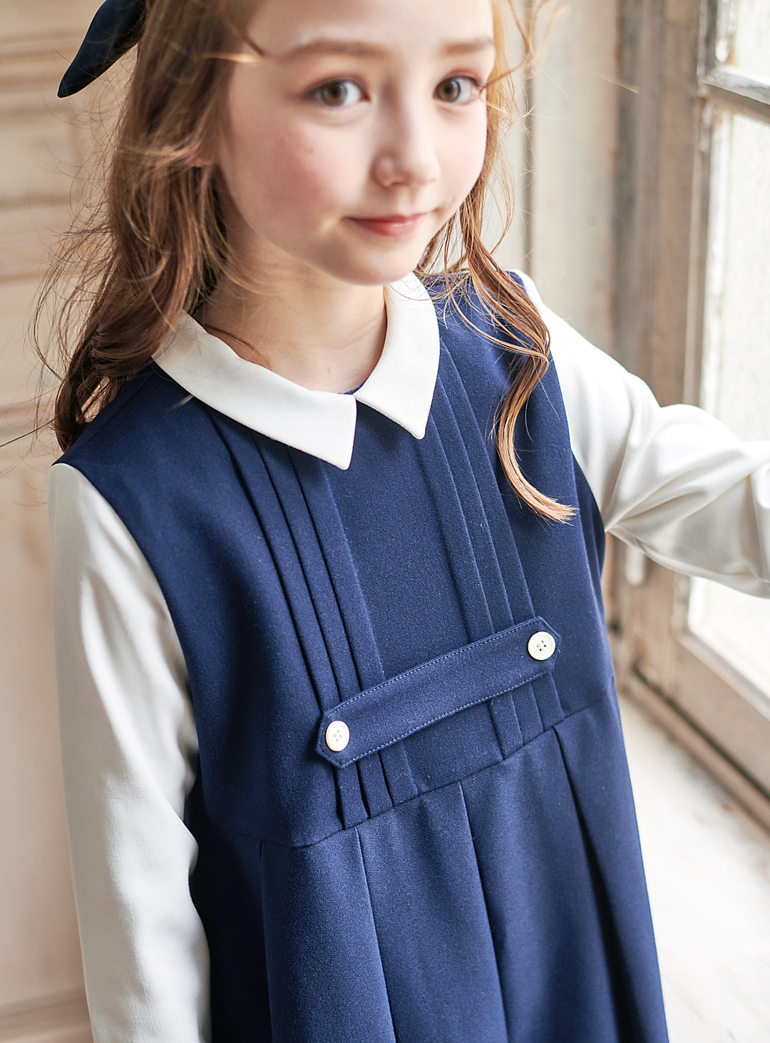 K9095 - ネイビー×ホワイトフェイクレイヤードワンピース