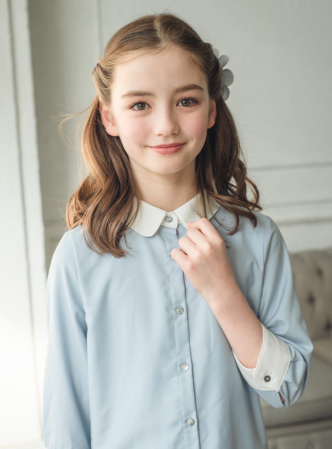 ブルーグレープリーツシャツワンピース