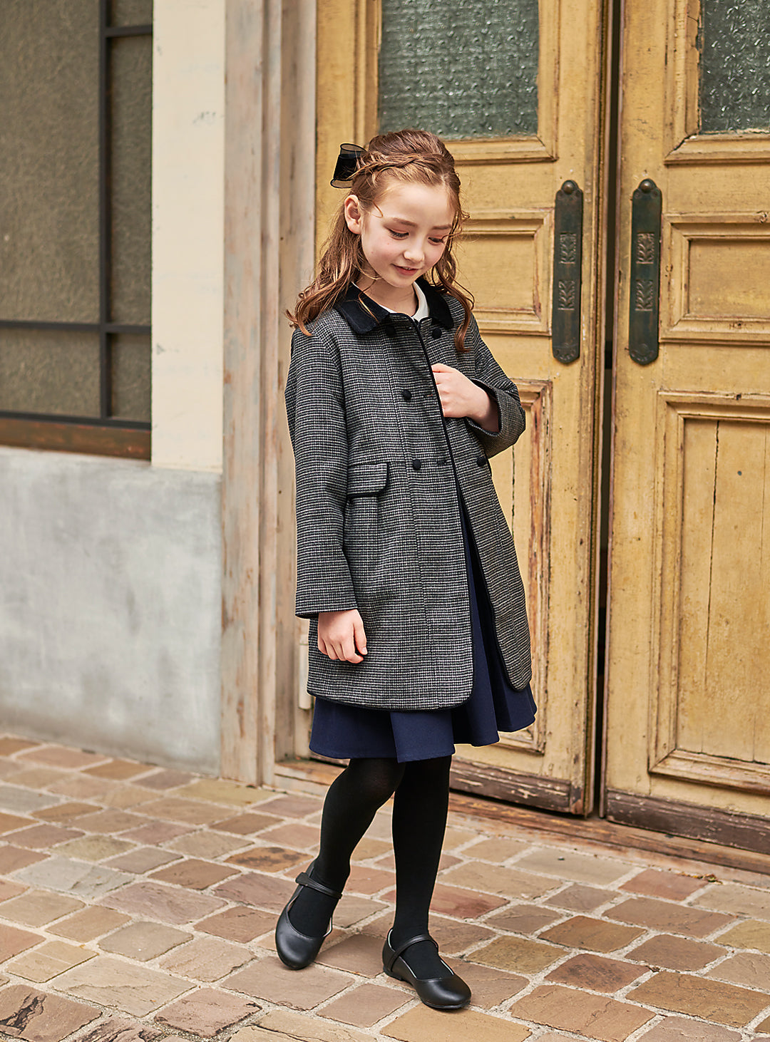 K9008 - 千鳥格子柄フレンチダブルブレストウール混コート