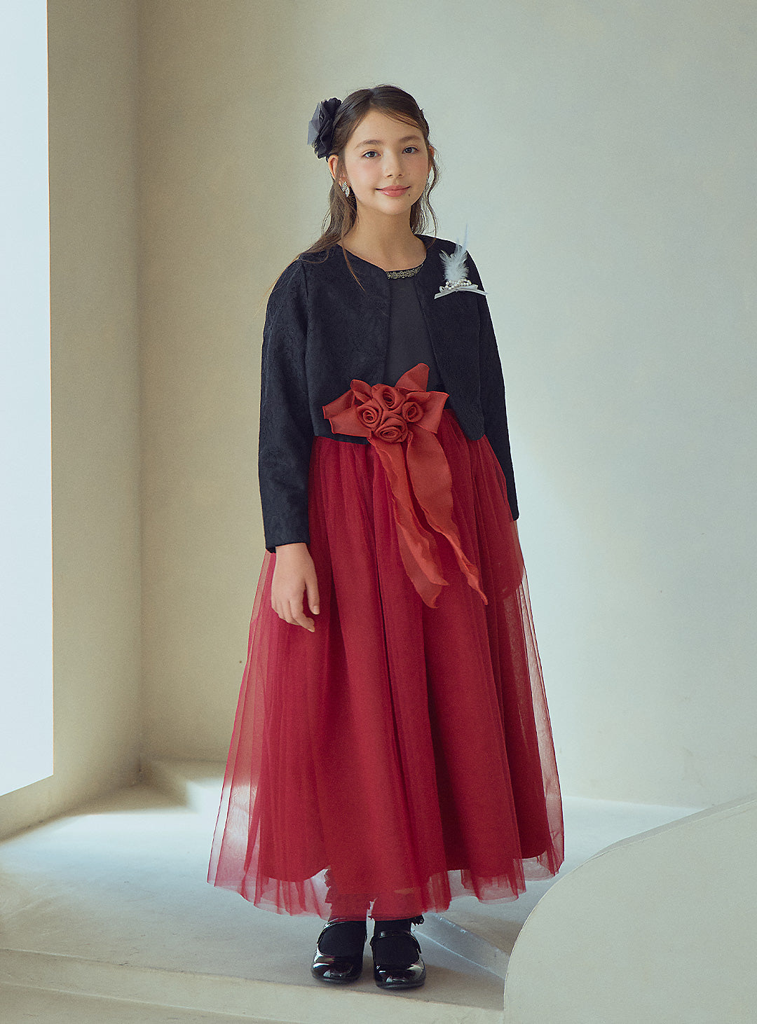 Black and Red Rose Corsage Long Dress