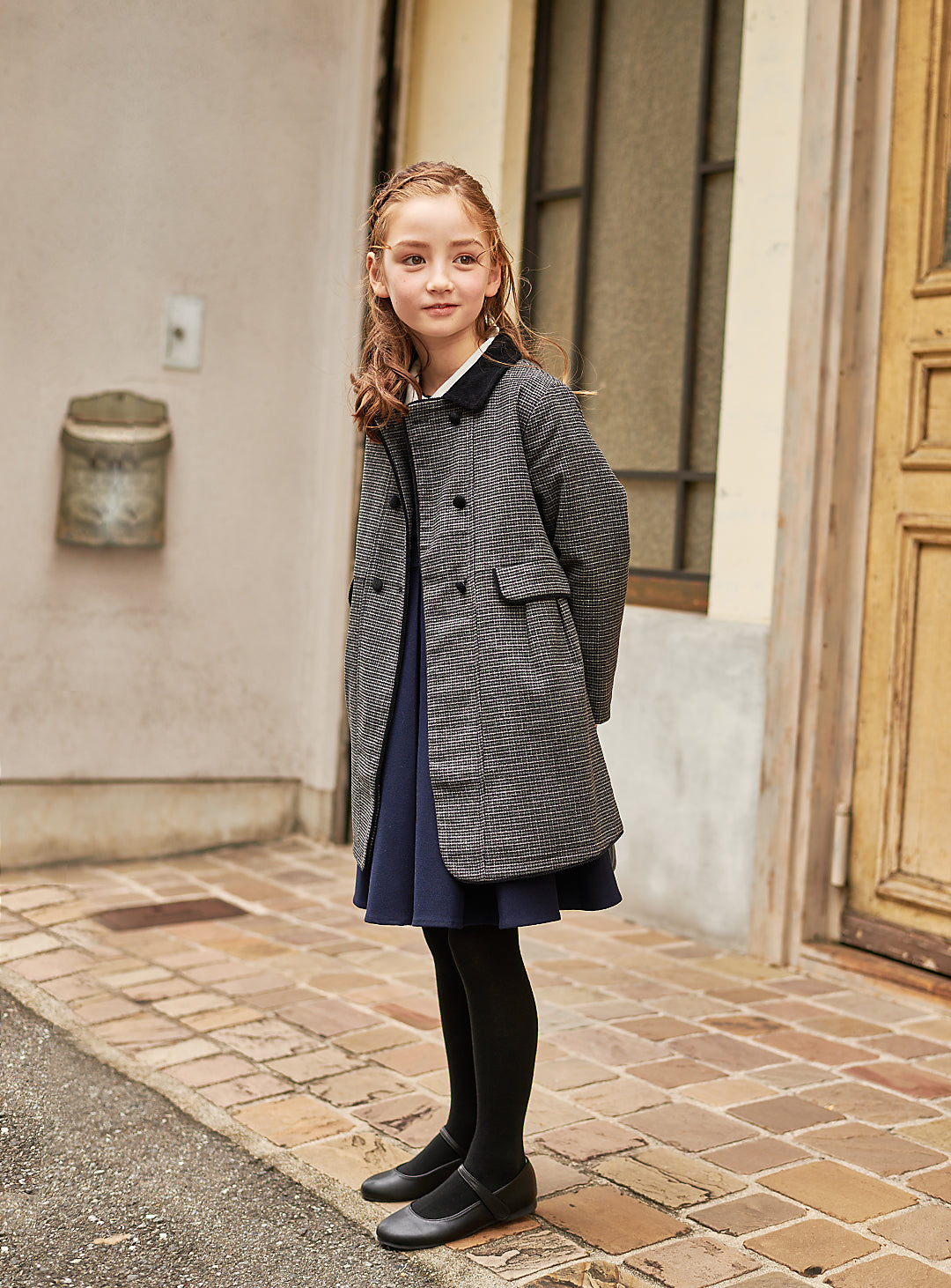 K9008 - 千鳥格子柄フレンチダブルブレストウール混コート